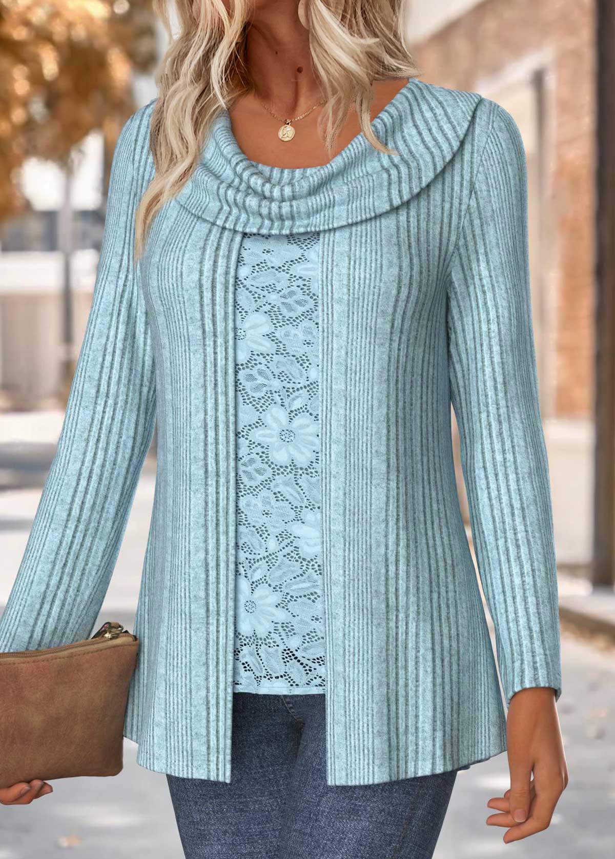 Dusty Blue Long Sleeve Fake Two Piece Twinset