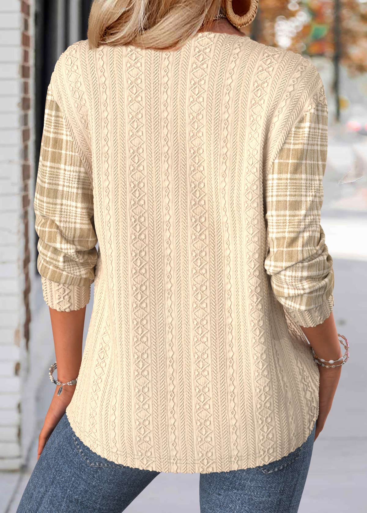 Plaid Light Coffee Long Sleeve Split Neck Sweatshirt