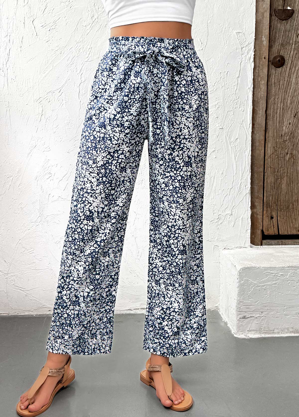 Ditsy Floral Print Light Blue Straight Leg Pants