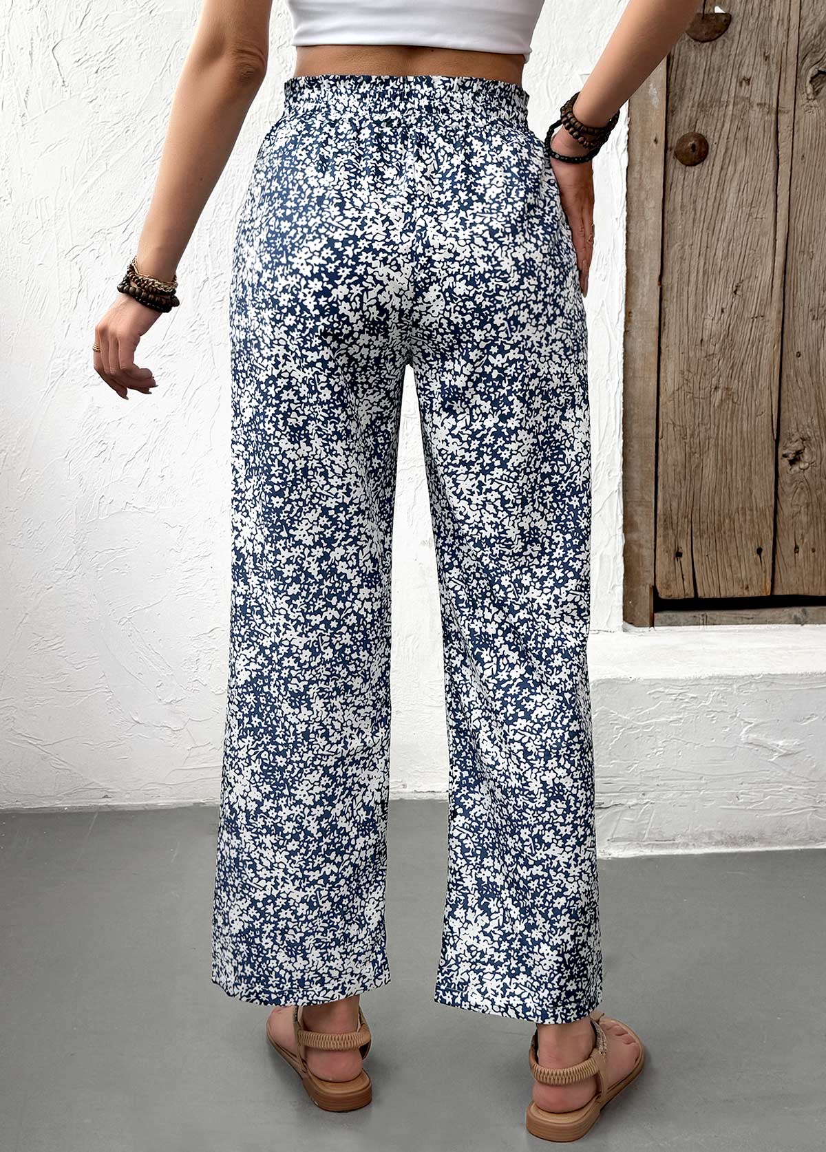 Ditsy Floral Print Light Blue Straight Leg Pants
