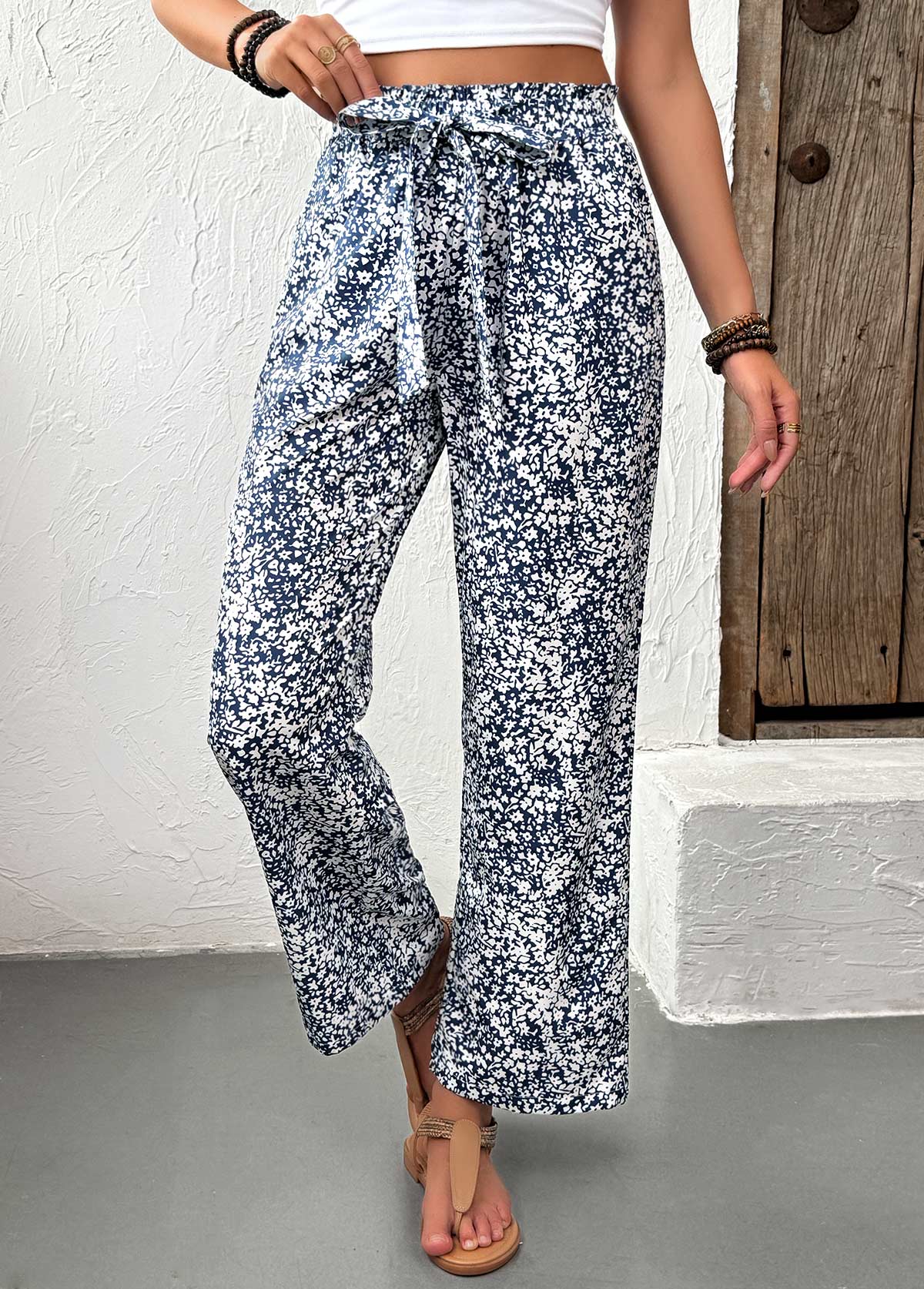 Ditsy Floral Print Light Blue Straight Leg Pants