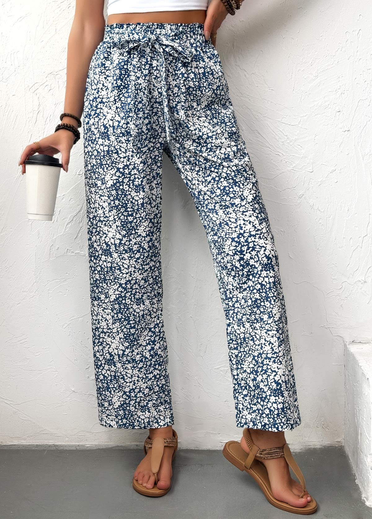 Ditsy Floral Print Light Blue Straight Leg Pants