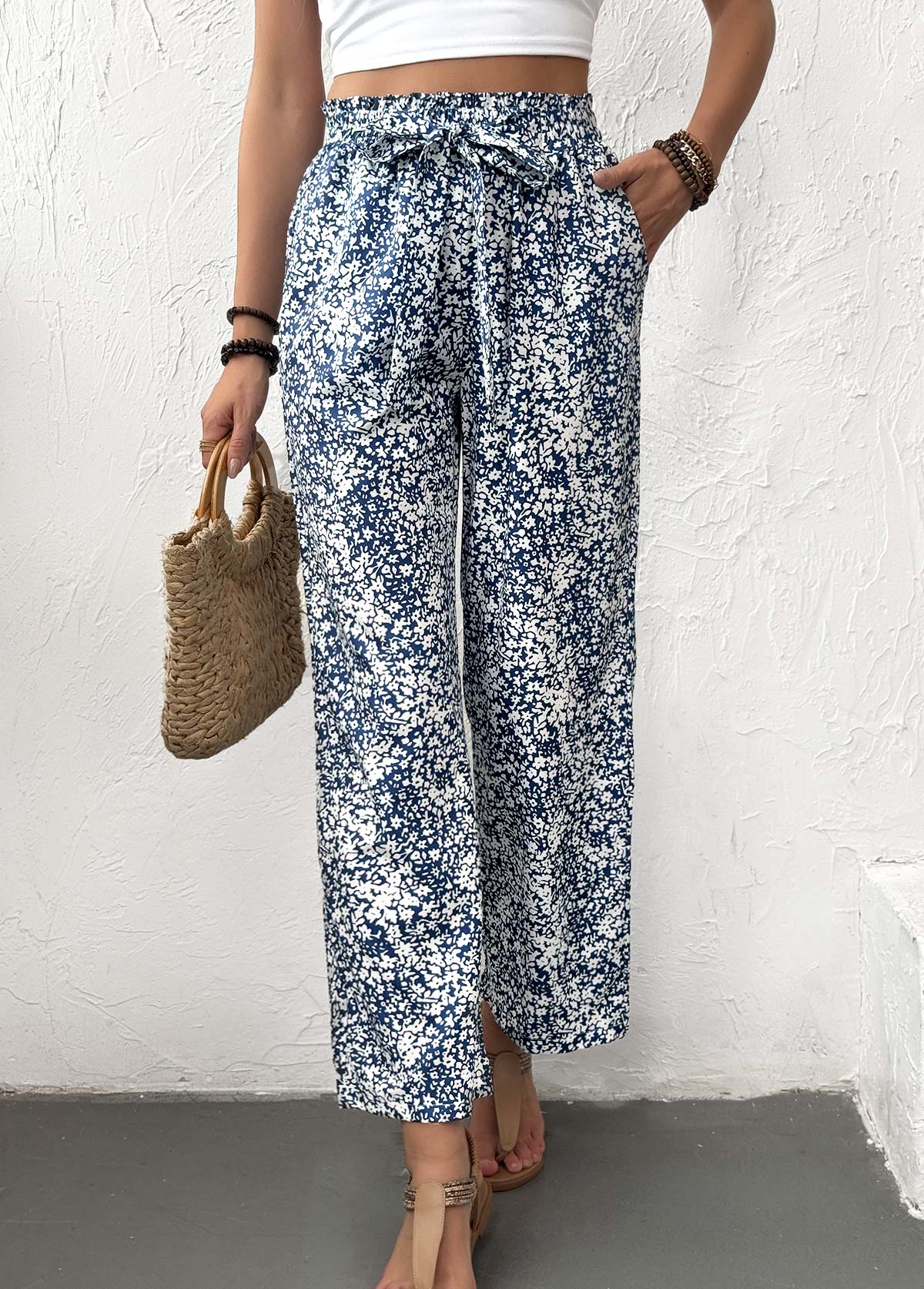 Ditsy Floral Print Light Blue Straight Leg Pants