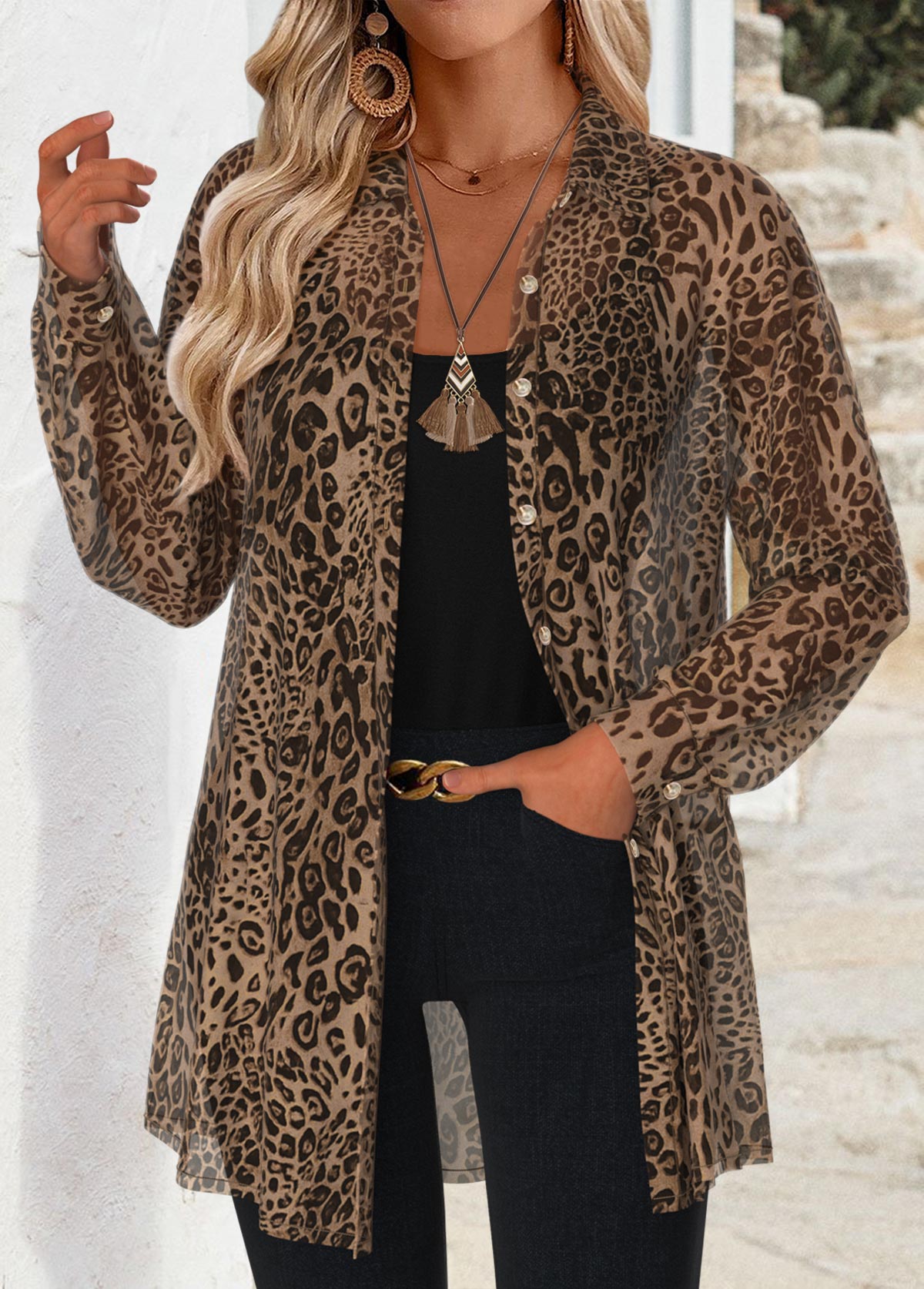 Leopard Tummy Coverage Light Coffee Long Sleeve Shirt