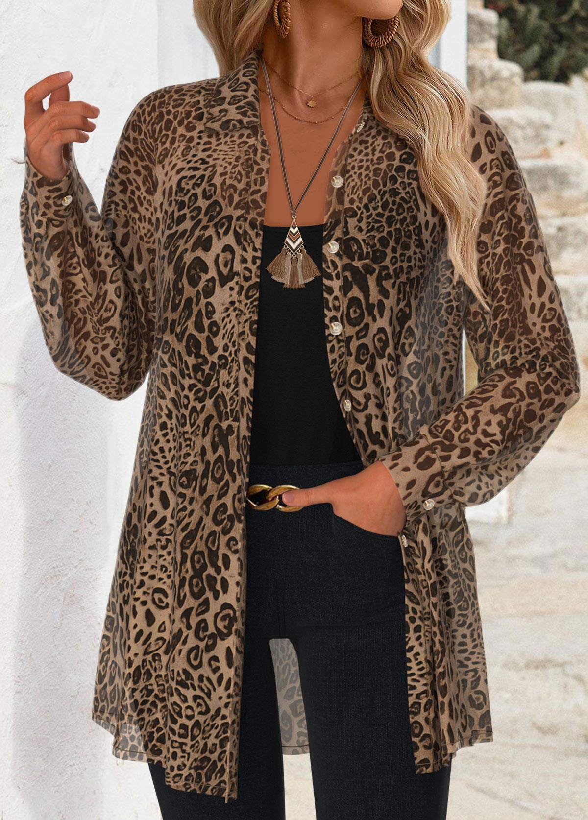Leopard Tummy Coverage Light Coffee Long Sleeve Shirt