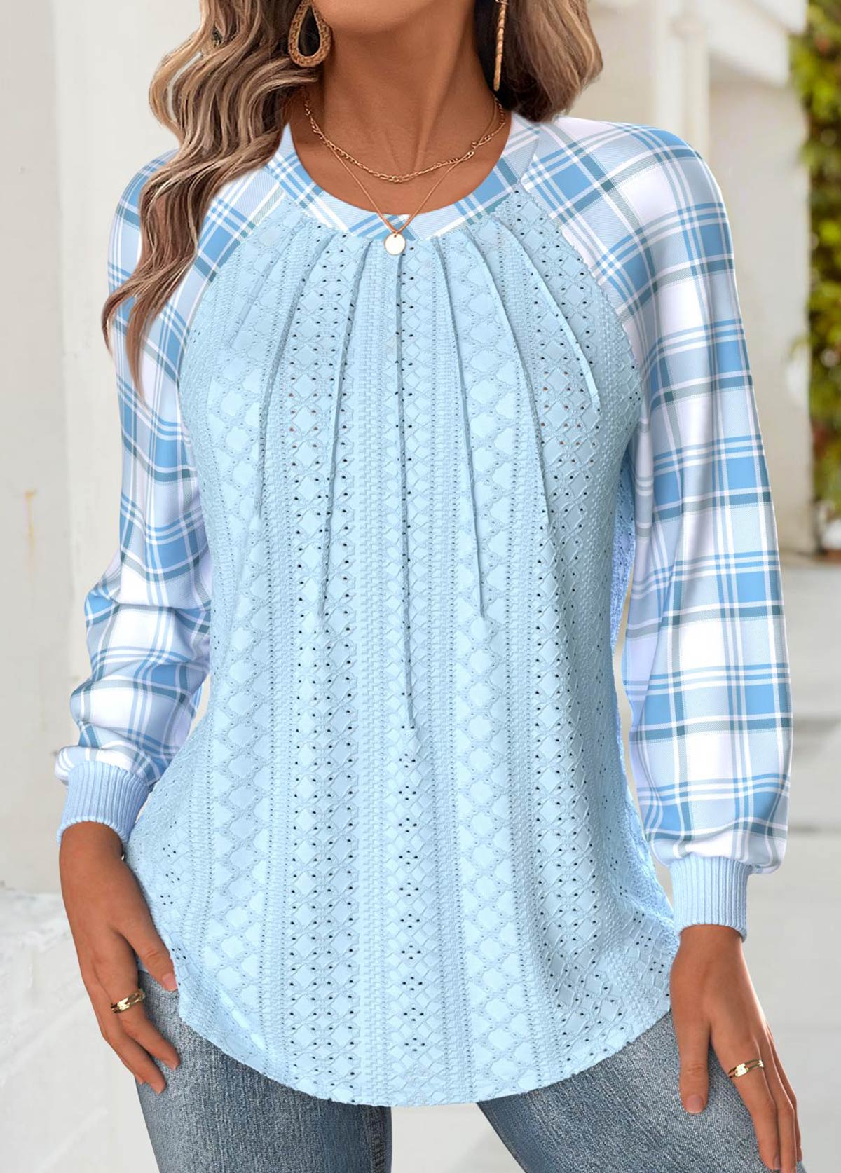 Plaid Tummy Coverage Light Blue Long Sleeve Sweatshirt