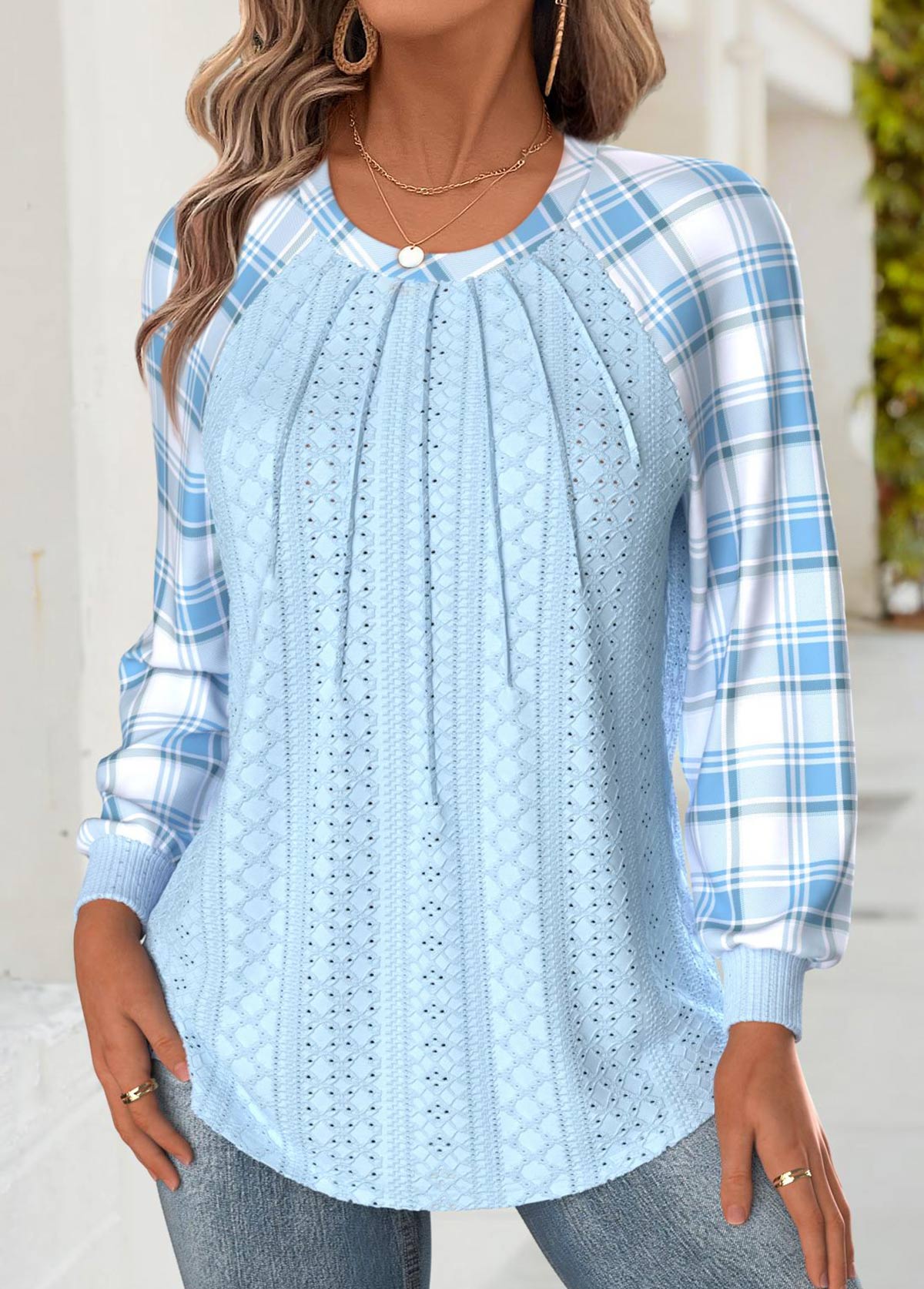 Plaid Tummy Coverage Light Blue Long Sleeve Sweatshirt