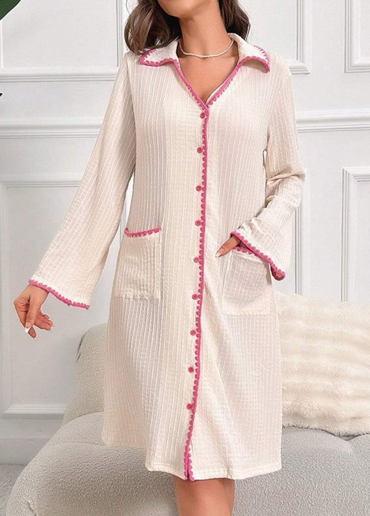 Beige Turn Down Collar Long Sleeve Nightdress