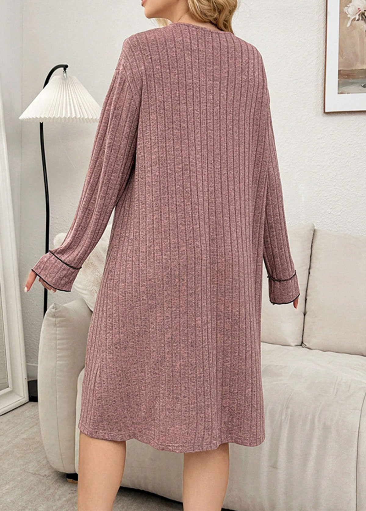 Dark Reddish Purple V Neck Long Sleeve Nightdress