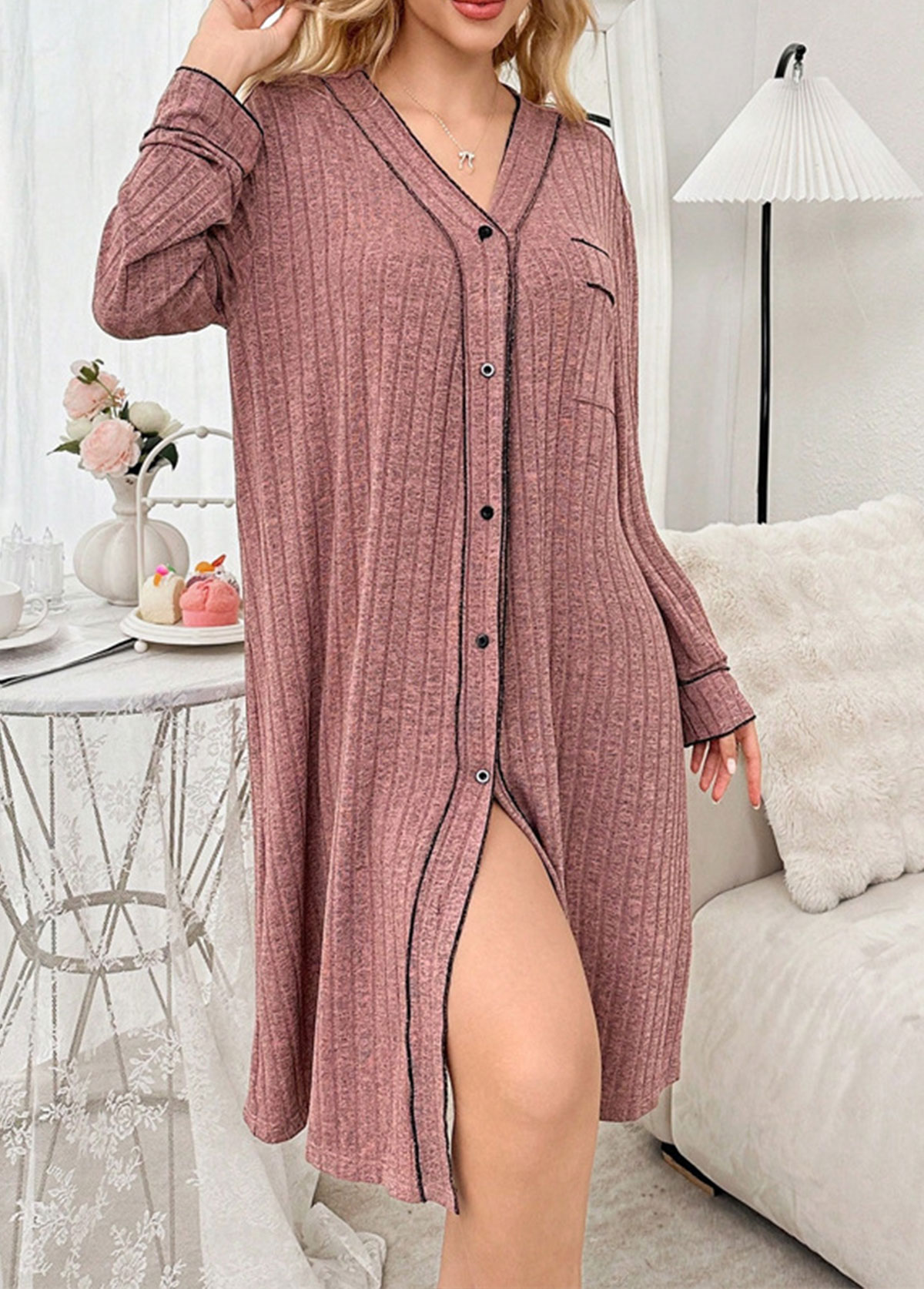 Dark Reddish Purple V Neck Long Sleeve Nightdress