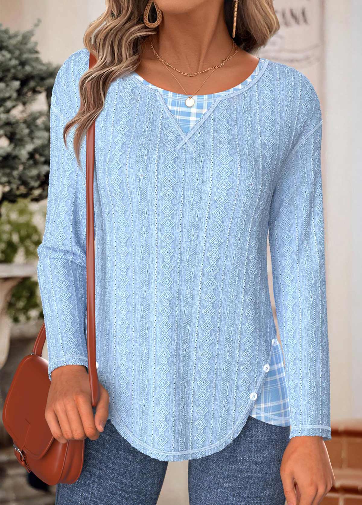 Plaid Tummy Coverage Light Blue Long Sleeve T Shirt