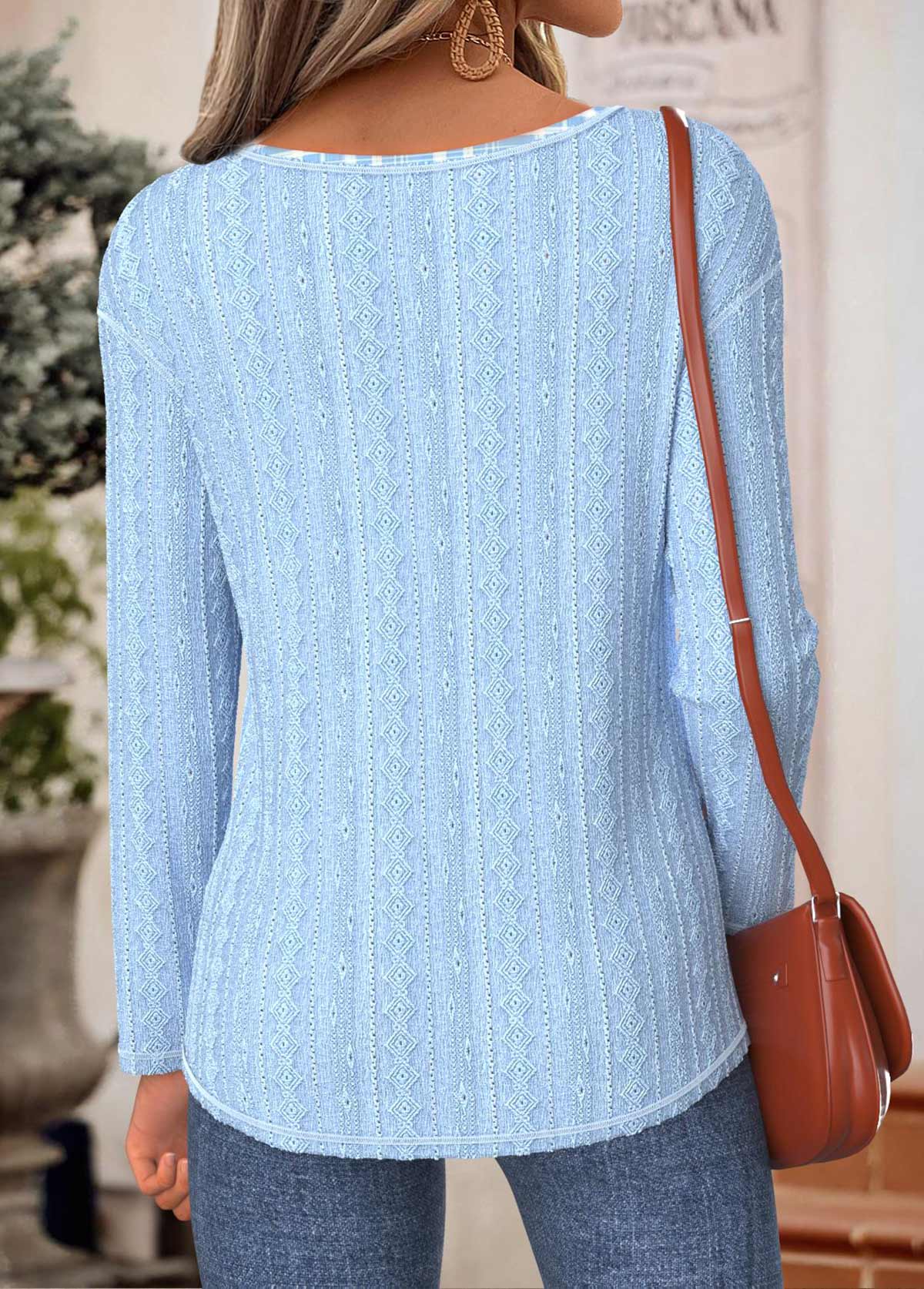 Plaid Tummy Coverage Light Blue Long Sleeve T Shirt