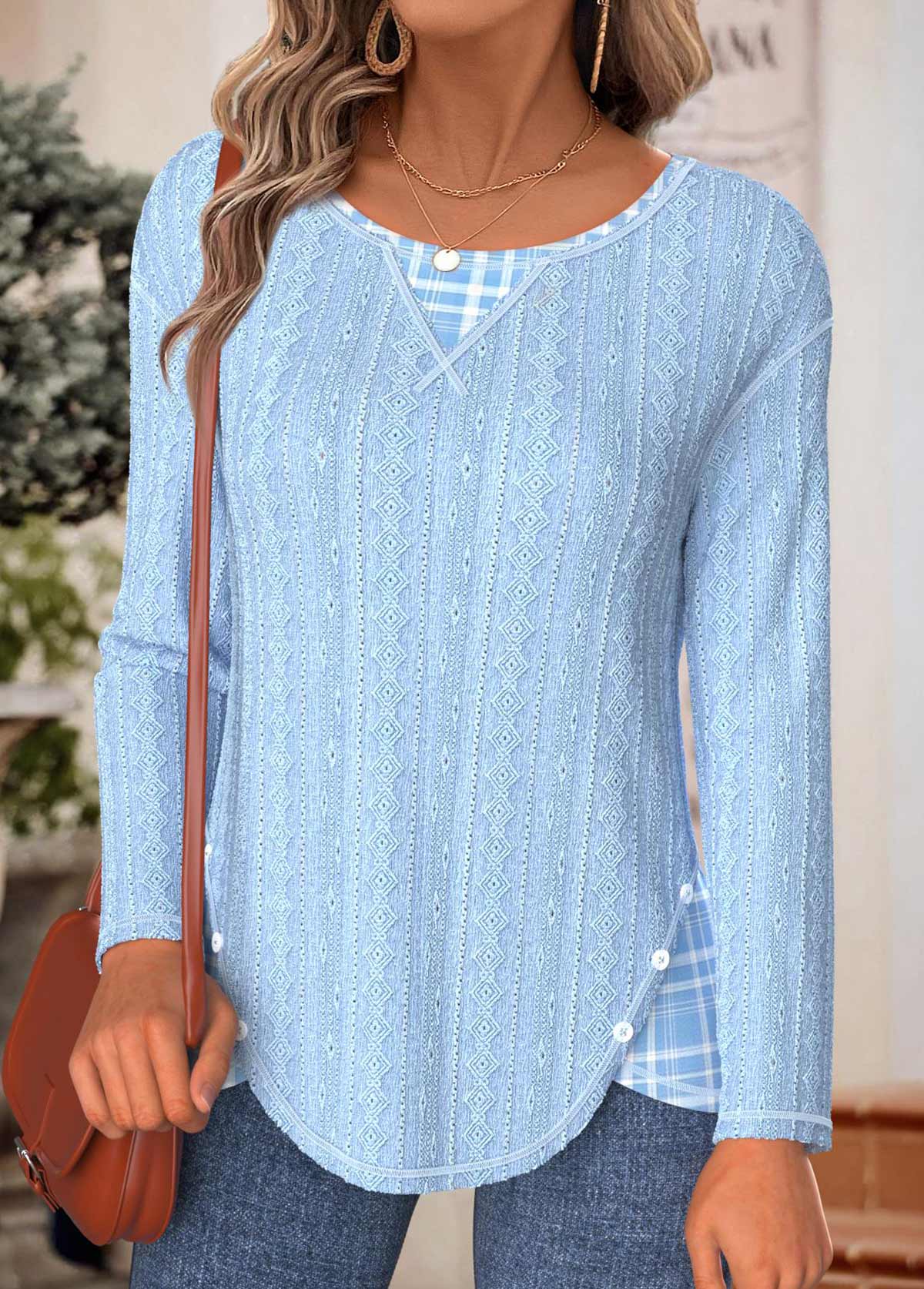 Plaid Tummy Coverage Light Blue Long Sleeve T Shirt