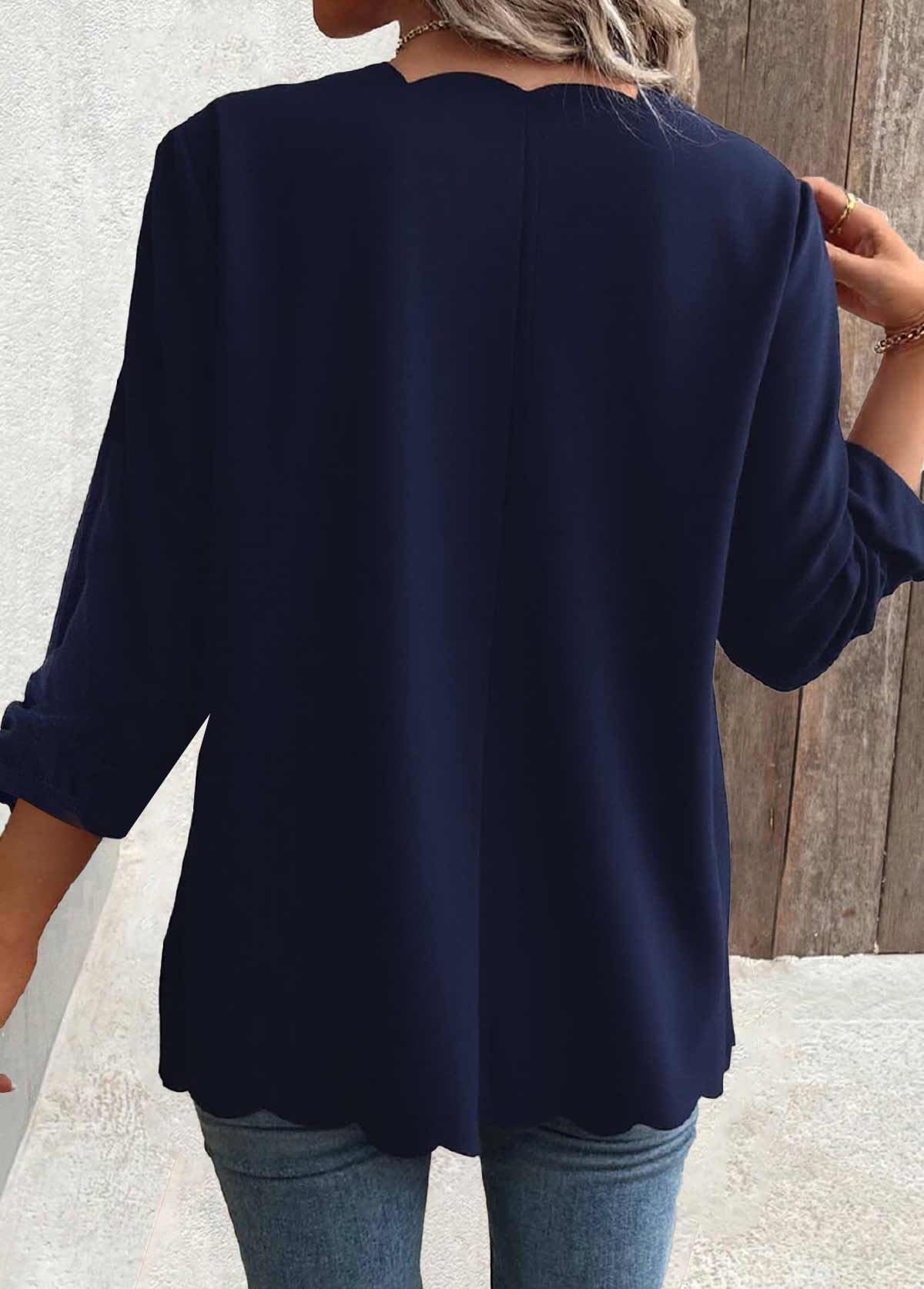 Scalloped Hem Navy 3/4 Sleeve Light Cardigan