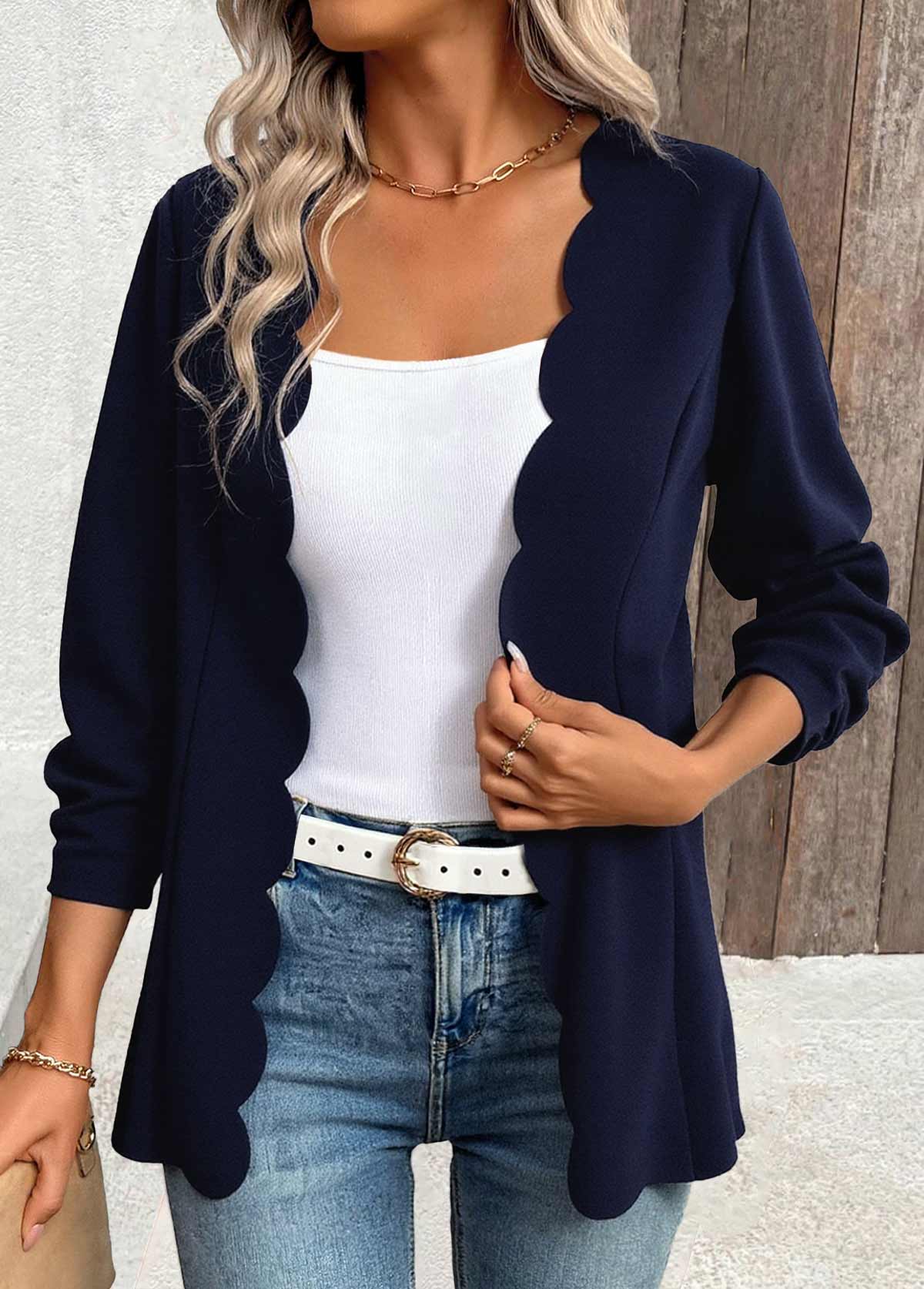 Scalloped Hem Navy 3/4 Sleeve Light Cardigan
