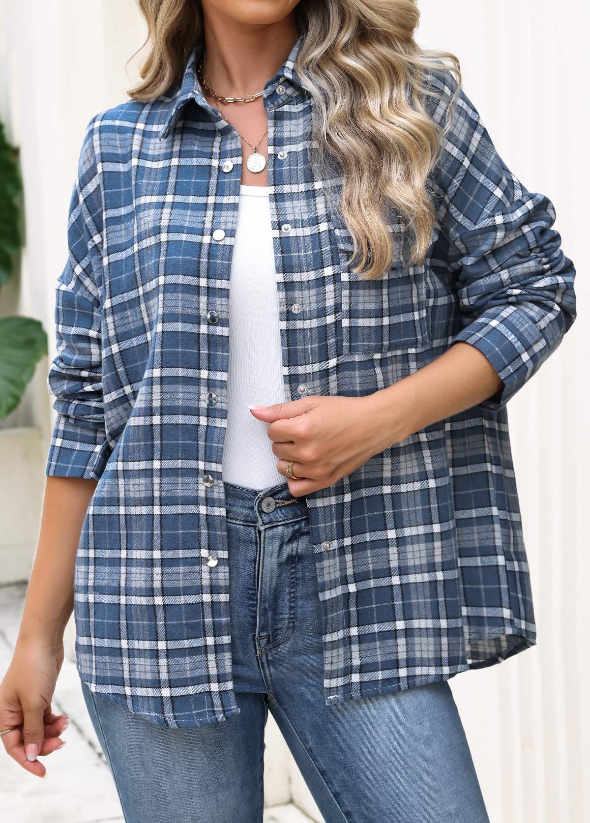 Plaid Patch Pocket Blue Long Sleeve Shirt