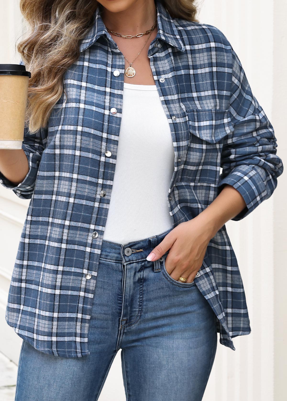 Plaid Patch Pocket Blue Long Sleeve Shirt