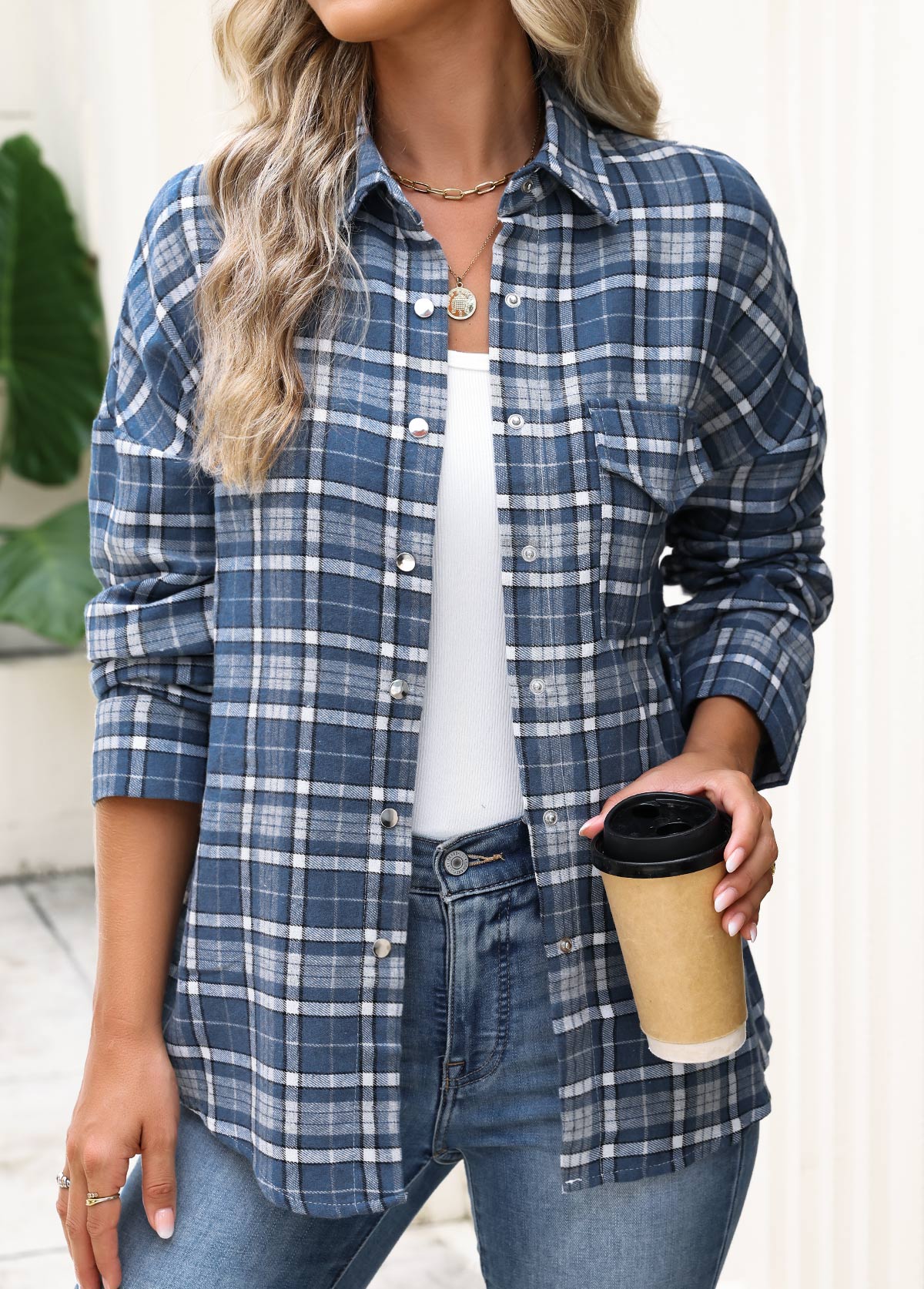 Plaid Patch Pocket Blue Long Sleeve Shirt