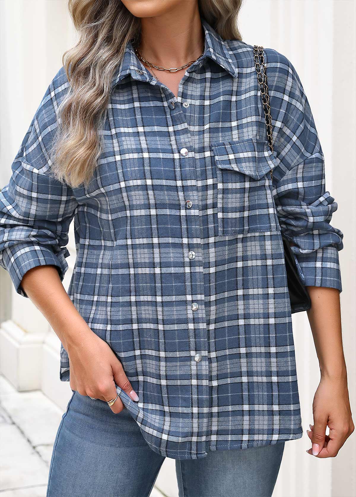Plaid Patch Pocket Blue Long Sleeve Shirt