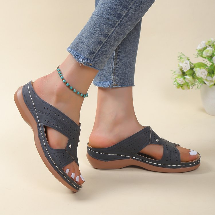 Dark Blue Open Toe Low Heel Sliders