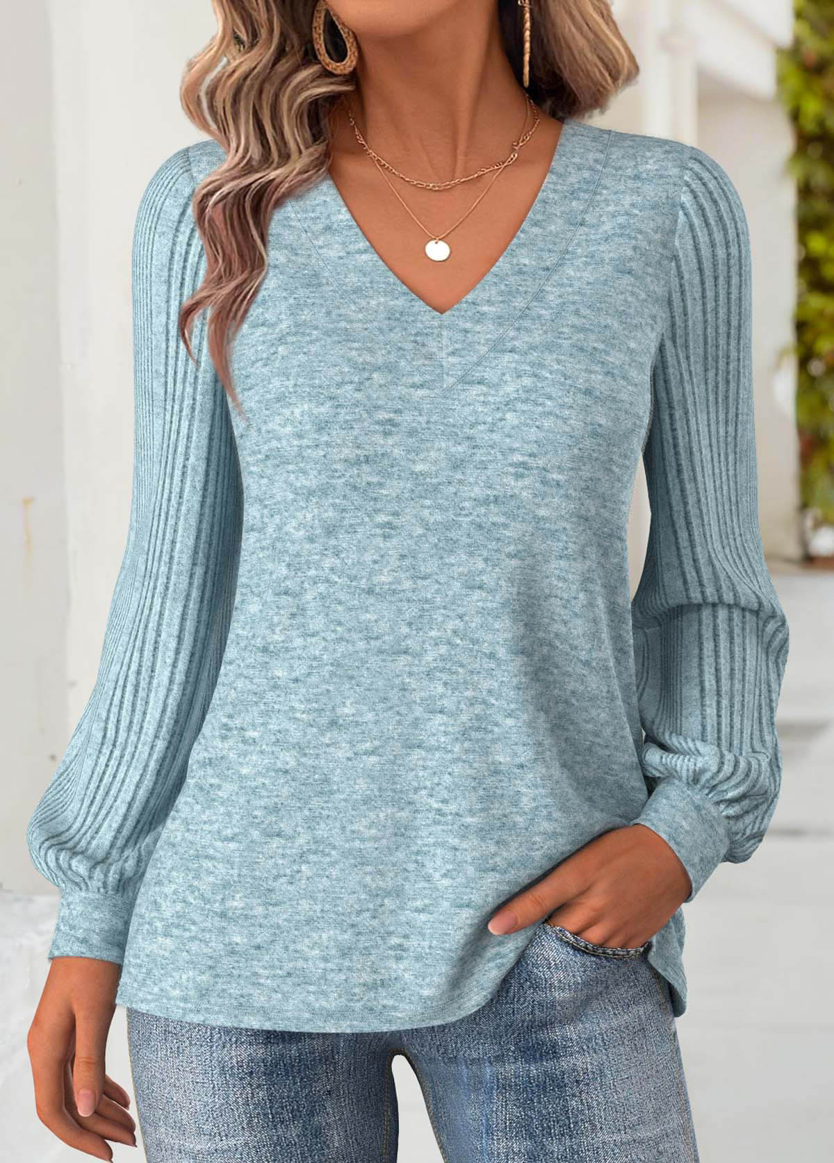 Tummy Coverage Dusty Blue Long Sleeve V Neck Sweatshirt
