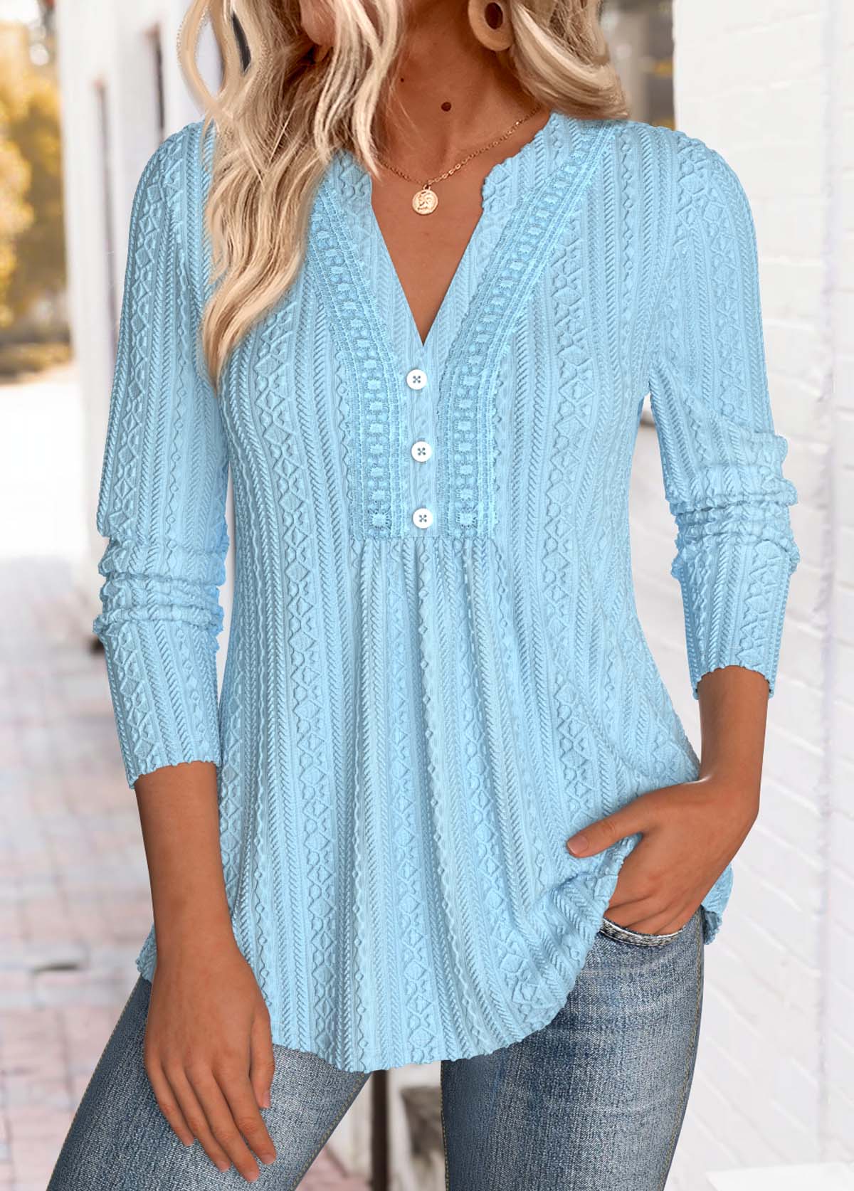 Tummy Coverage Blue Long Sleeve Split Neck Blouse