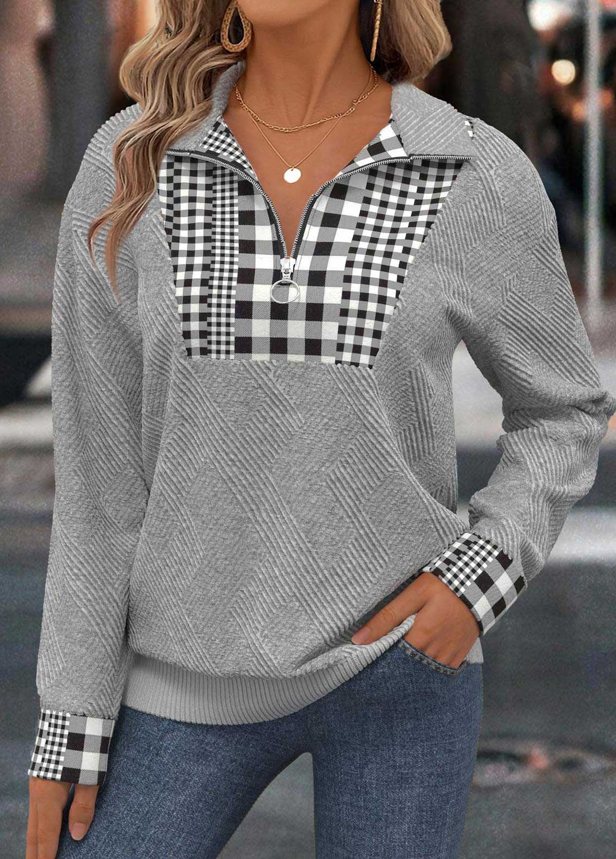 Plaid Tummy Coverage Light Grey Long Sleeve Sweatshirt
