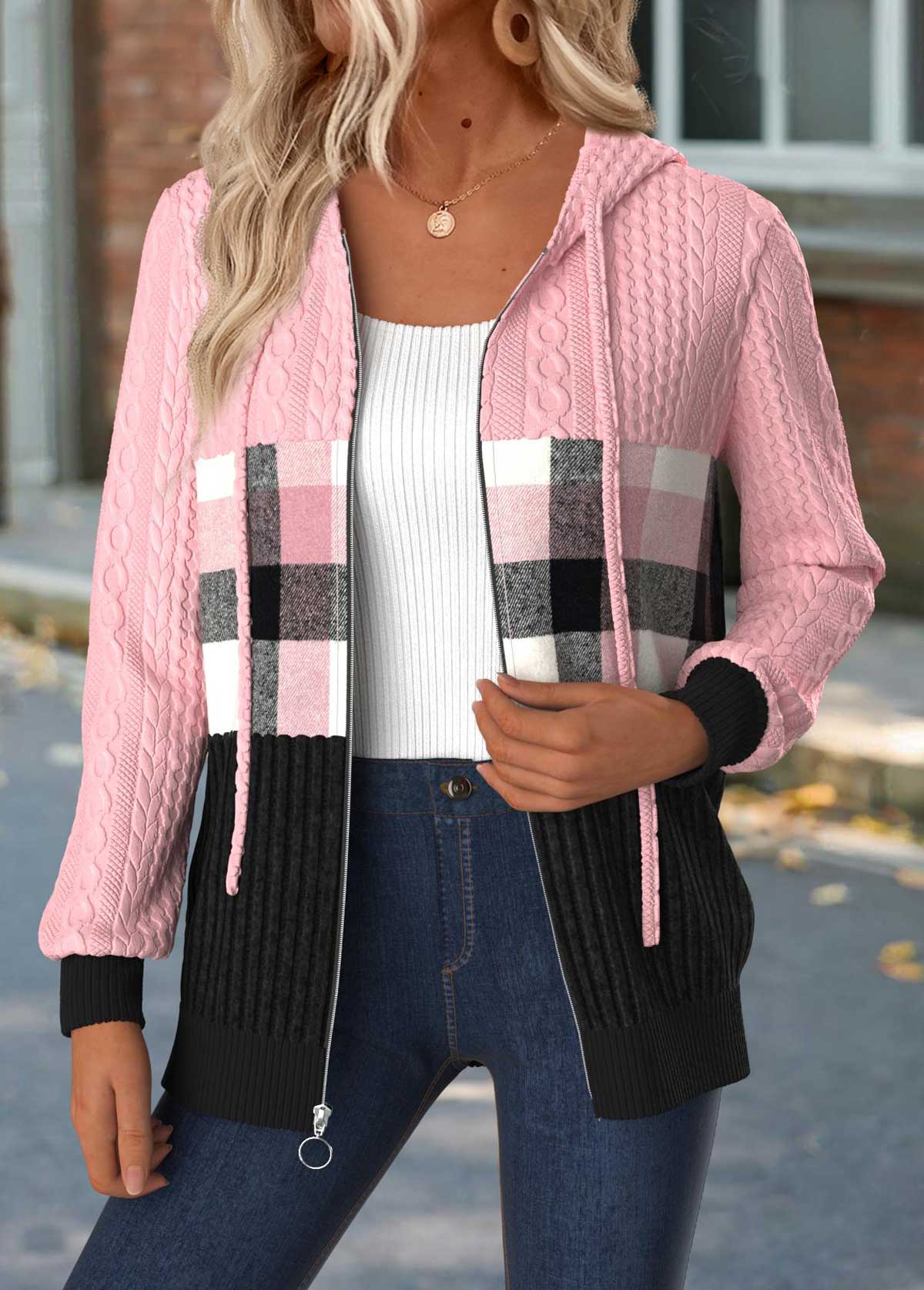 Plaid Tummy Coverage Light Pink Long Sleeve Hooded Coat