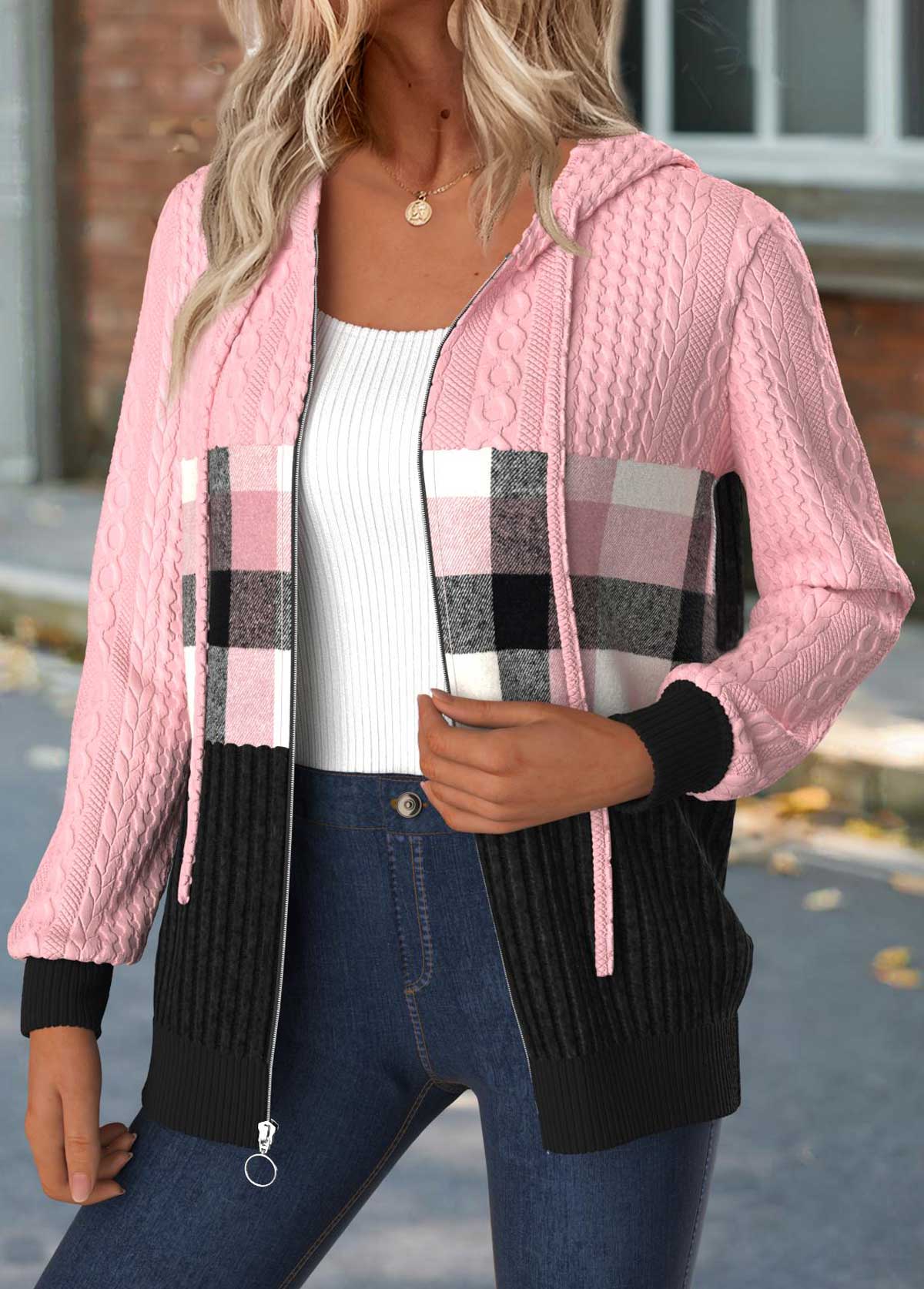 Plaid Tummy Coverage Light Pink Long Sleeve Hooded Coat