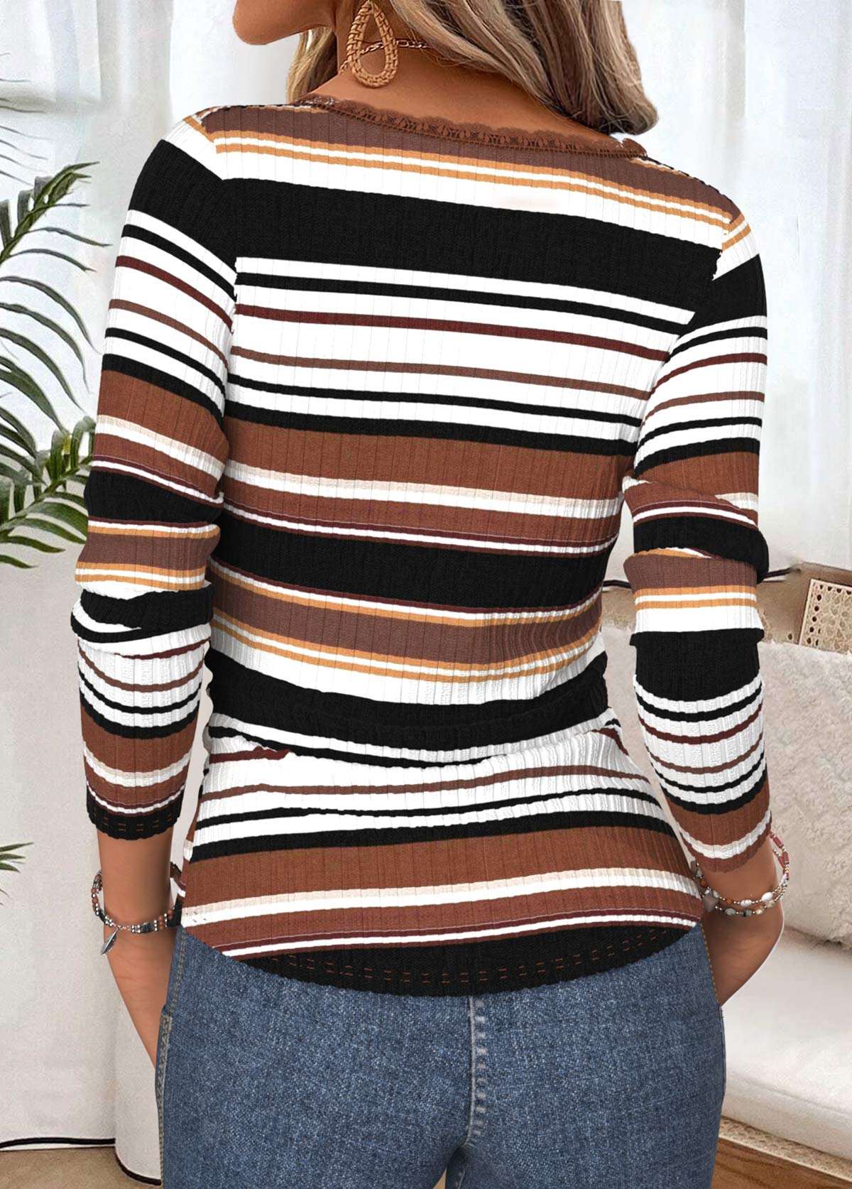 Striped Tummy Coverage Multi Color Long Sleeve T Shirt
