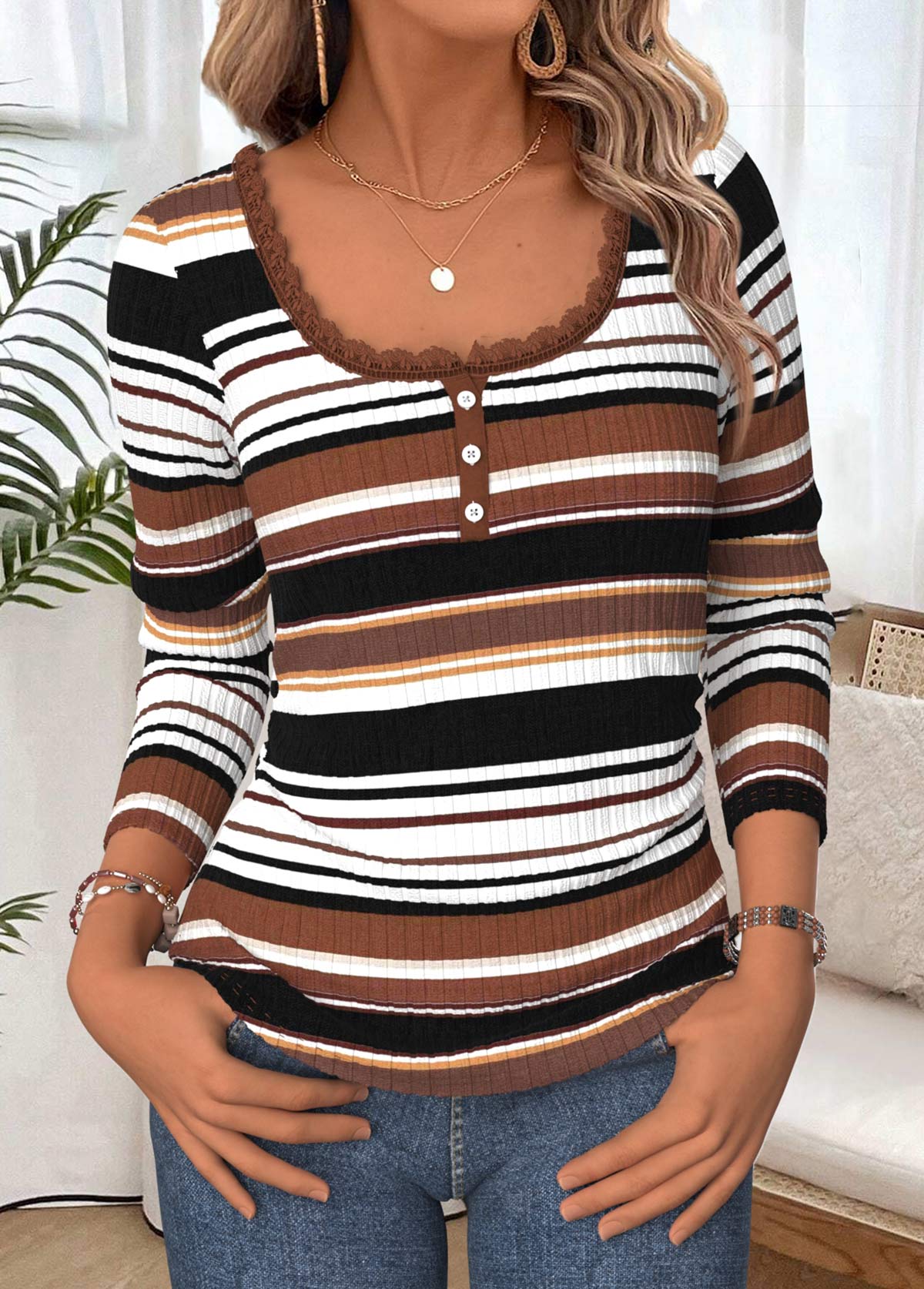 Striped Tummy Coverage Multi Color Long Sleeve T Shirt