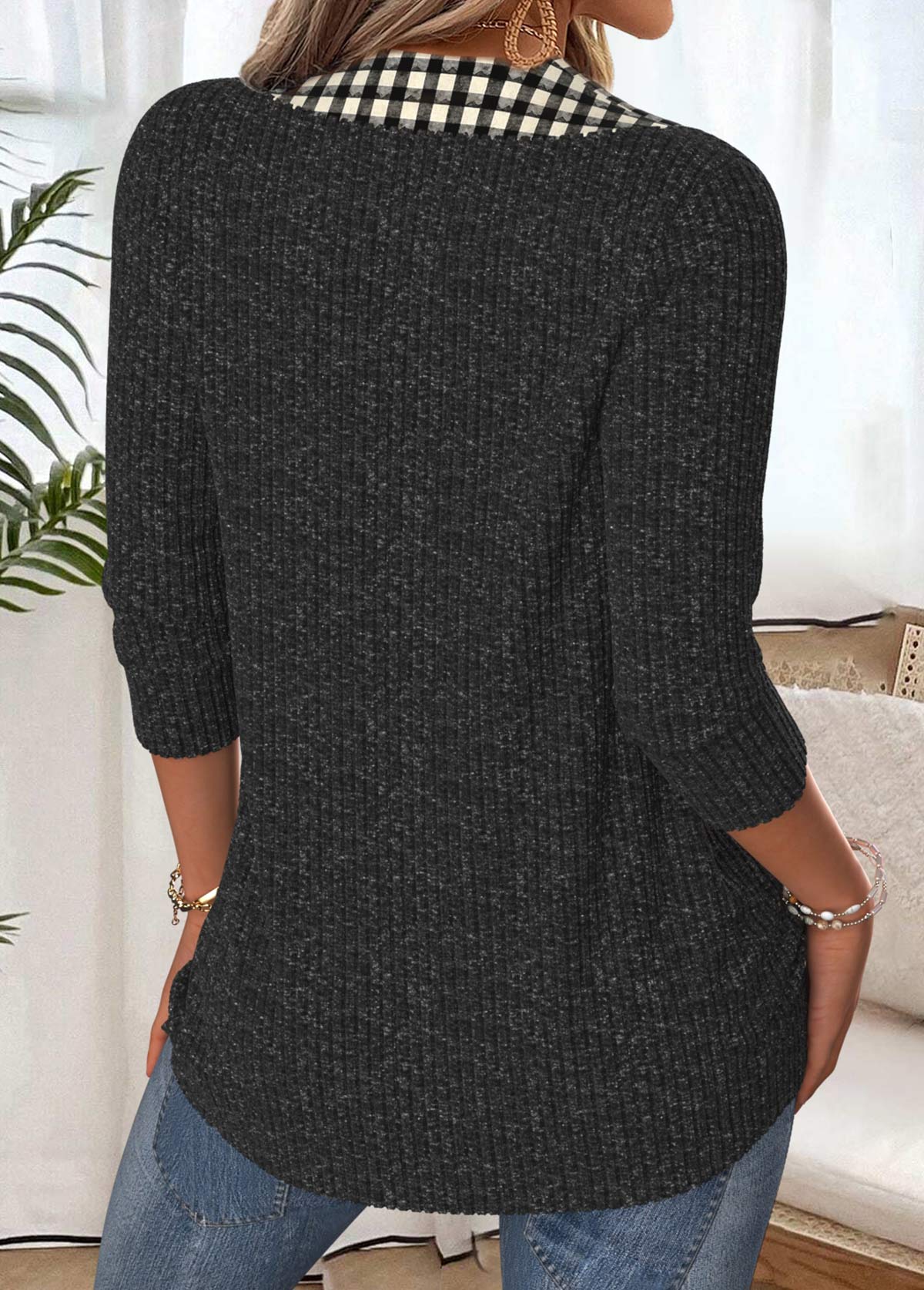 Plaid Tummy Coverage Black 3/4 Sleeve T Shirt