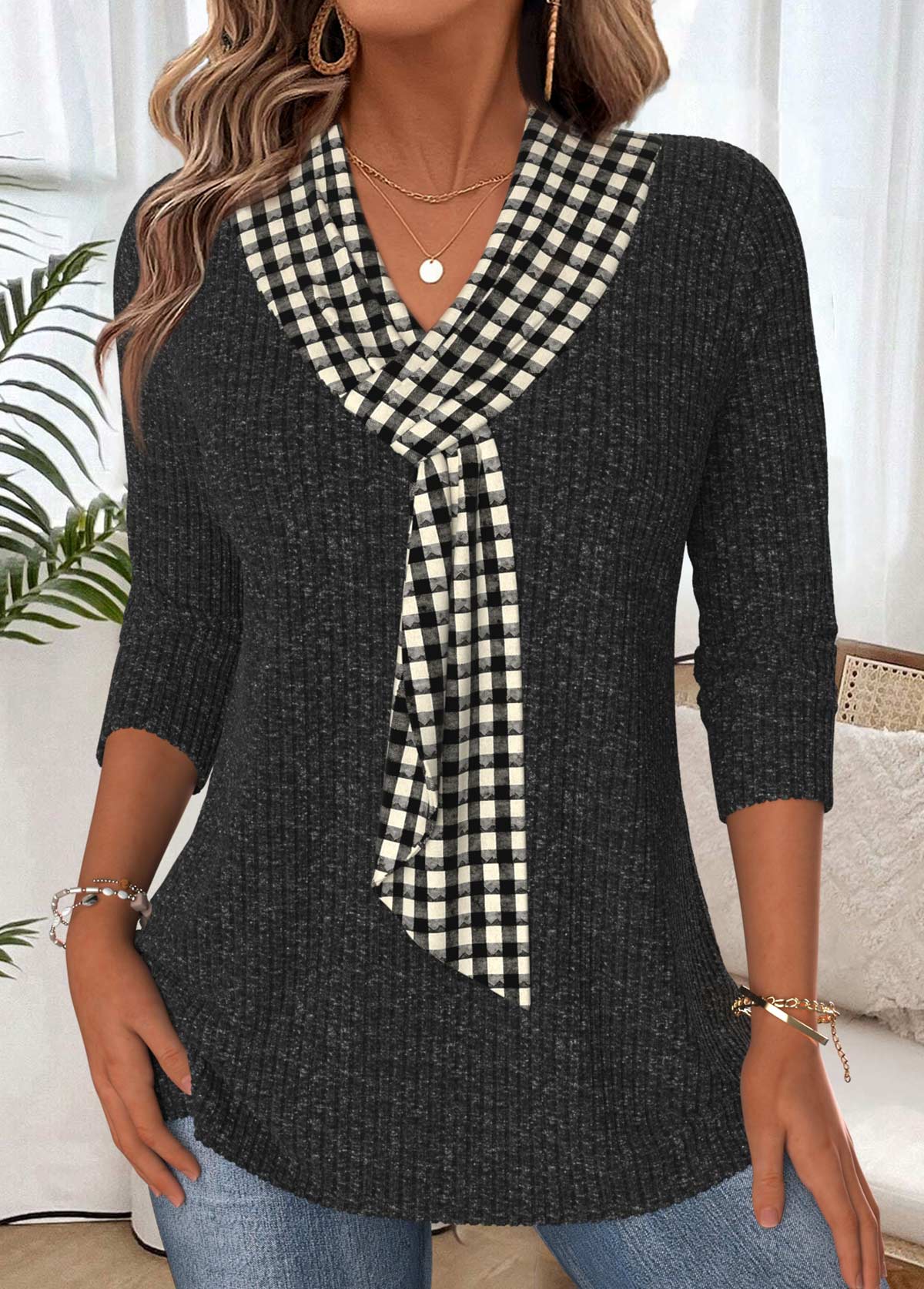 Plaid Tummy Coverage Black 3/4 Sleeve T Shirt