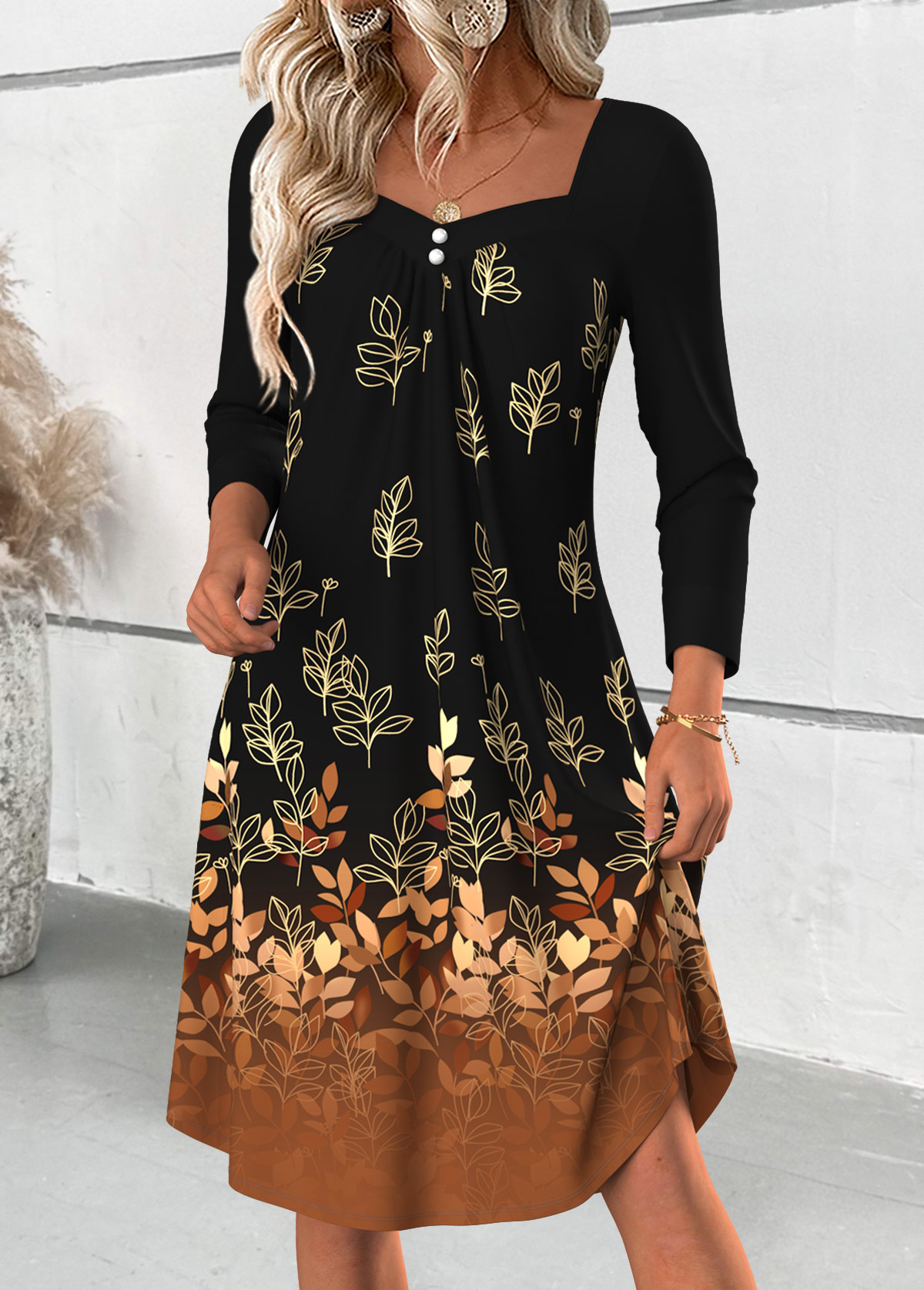 Leaf Print Tummy Coverage Black Long Sleeve Dress