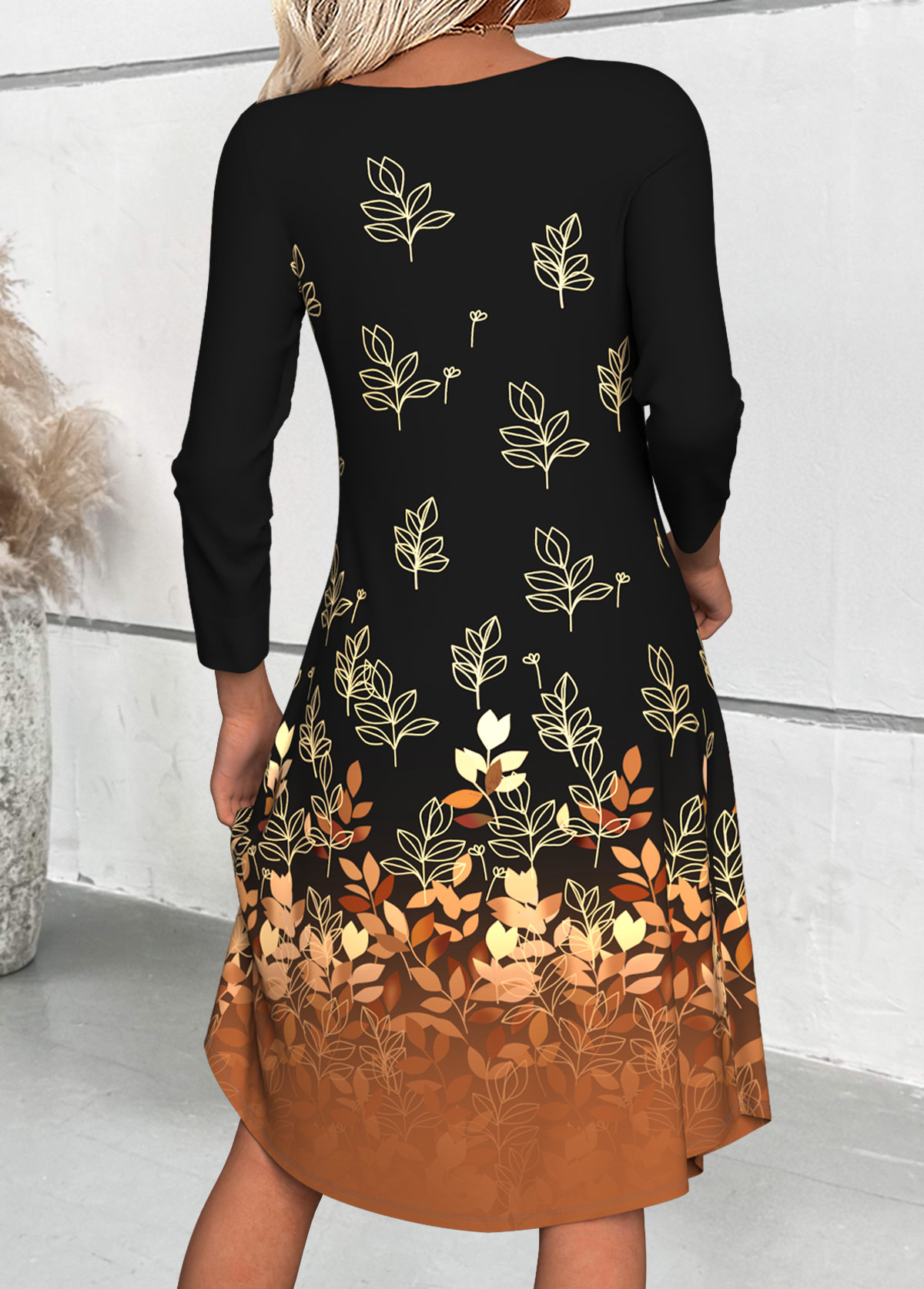 Leaf Print Tummy Coverage Black Long Sleeve Dress