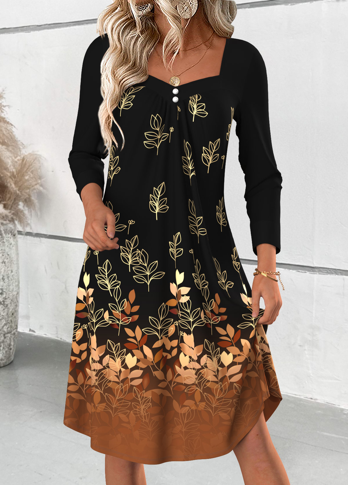 Leaf Print Tummy Coverage Black Long Sleeve Dress