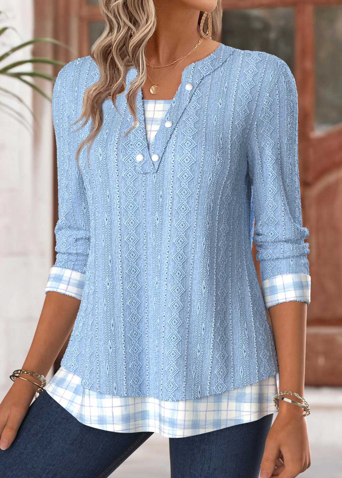 Plaid Tummy Coverage Light Blue Long Sleeve T Shirt