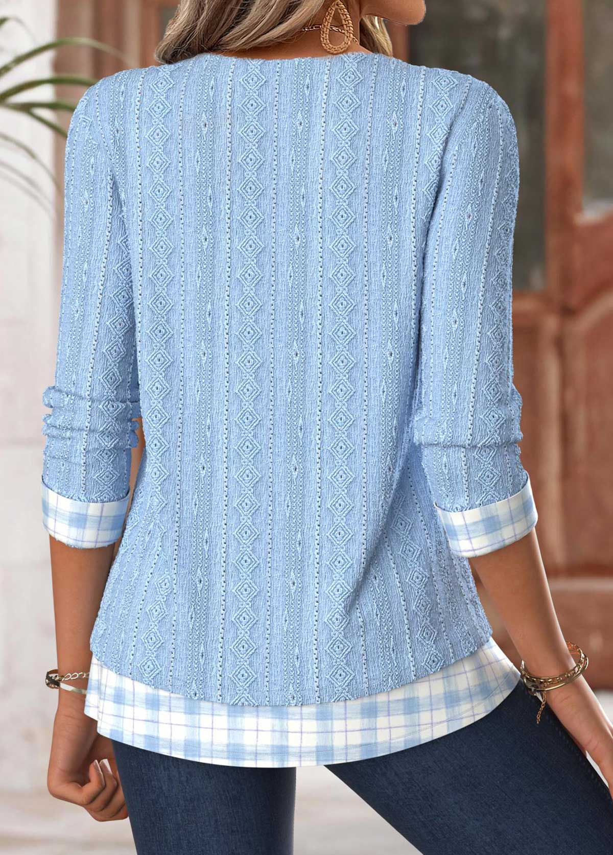 Plaid Tummy Coverage Light Blue Long Sleeve T Shirt