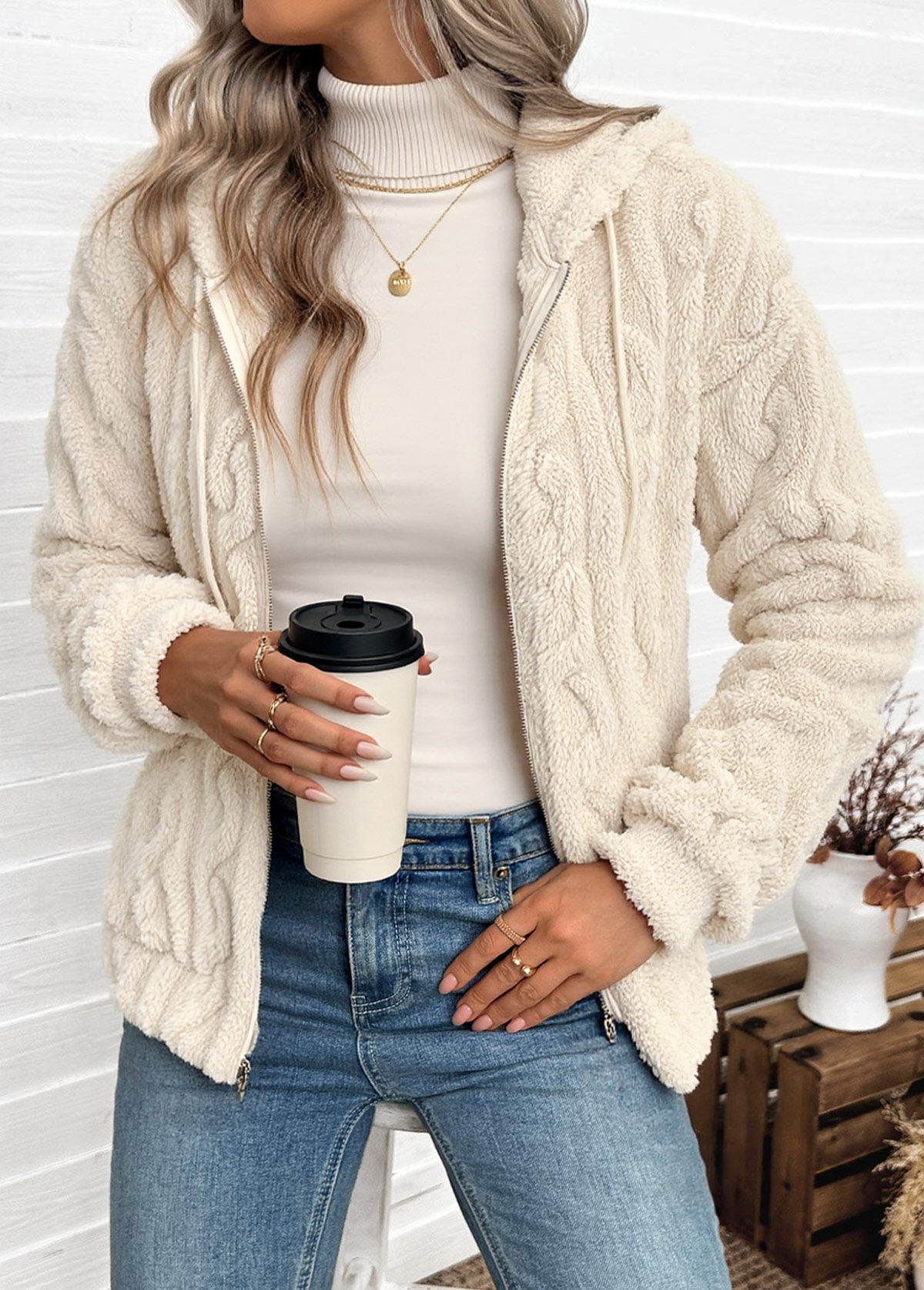 Tummy Coverage Beige Long Sleeve Hooded Coat