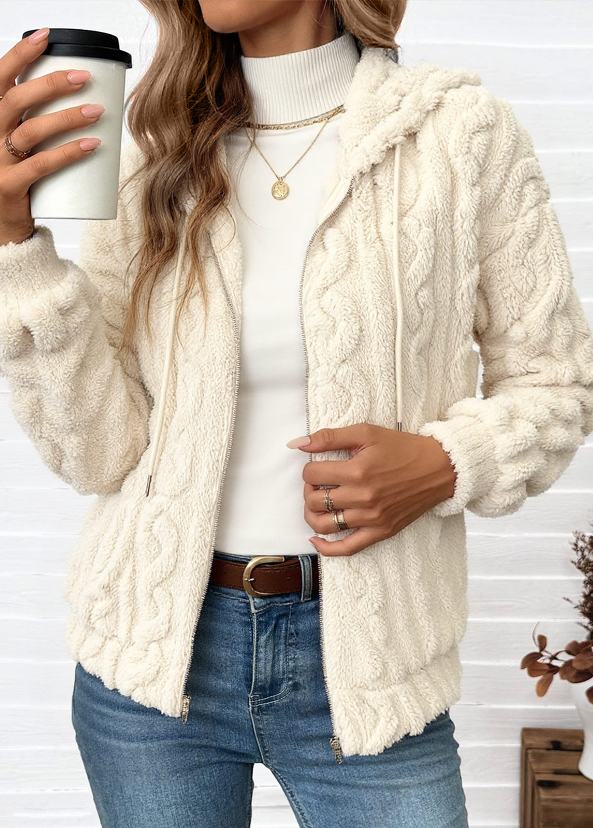 Tummy Coverage Beige Long Sleeve Hooded Coat