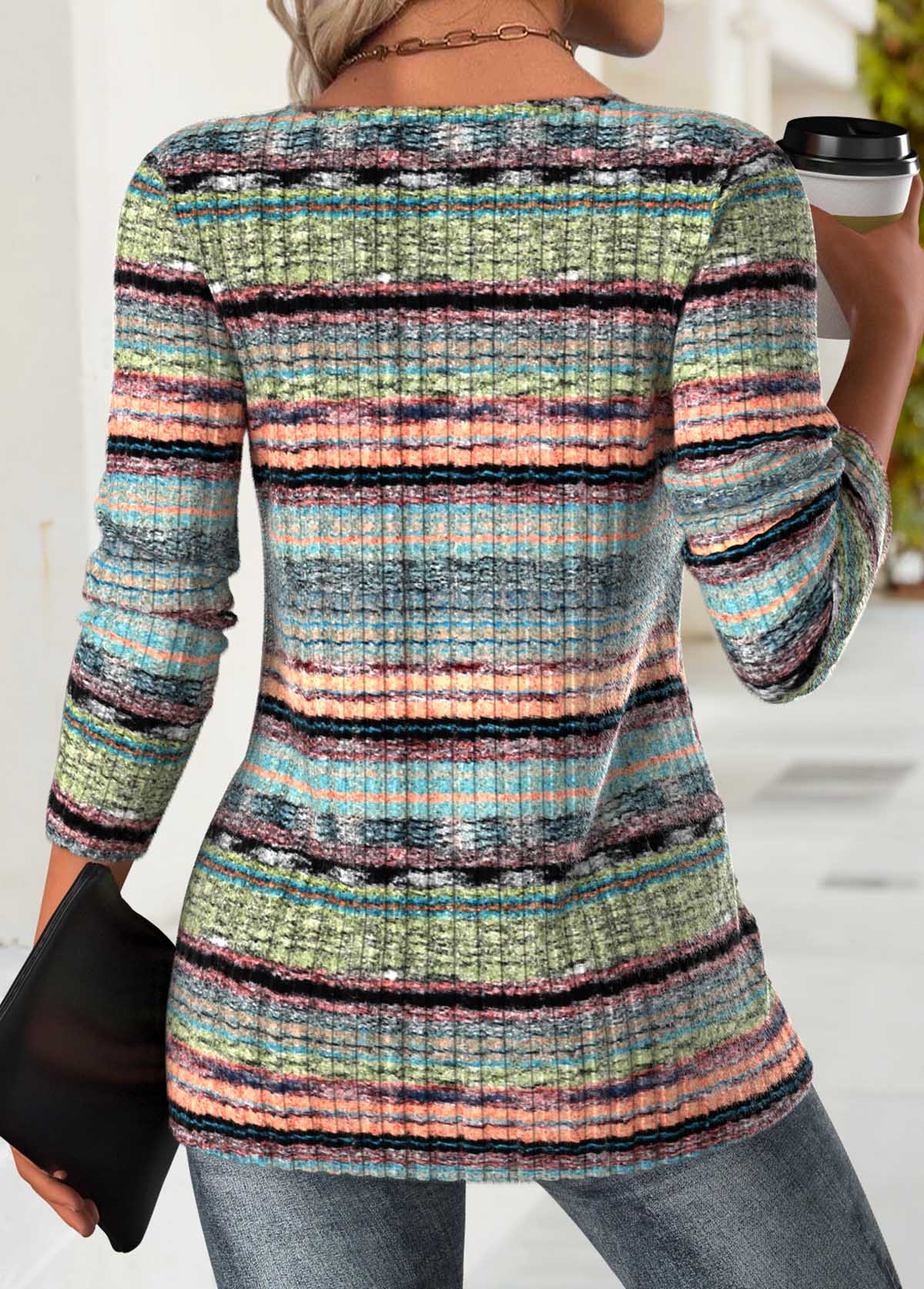 Striped Tummy Coverage Multi Color Long Sleeve T Shirt