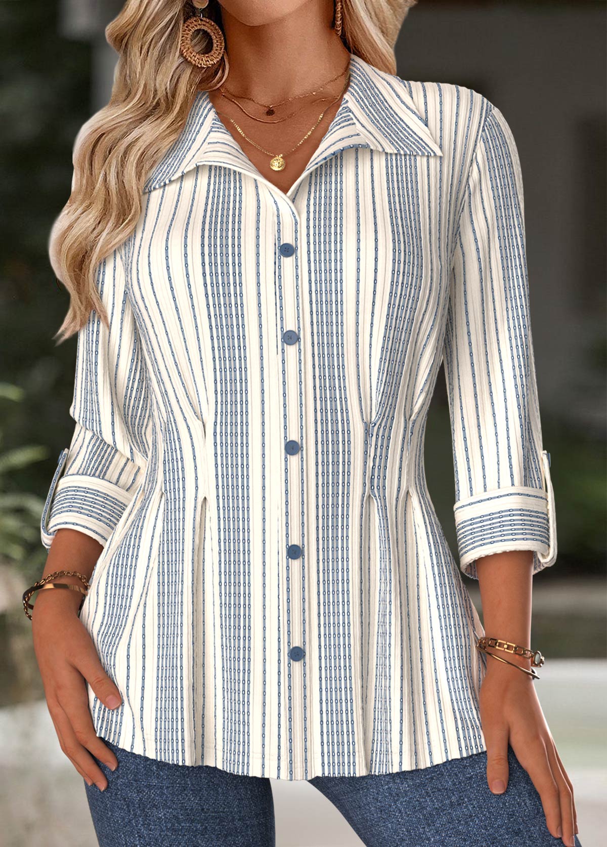 Striped Tummy Control Beige Long Sleeve Blouse