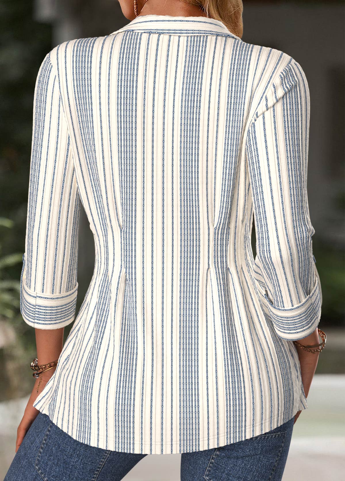 Striped Tummy Control Beige Long Sleeve Blouse