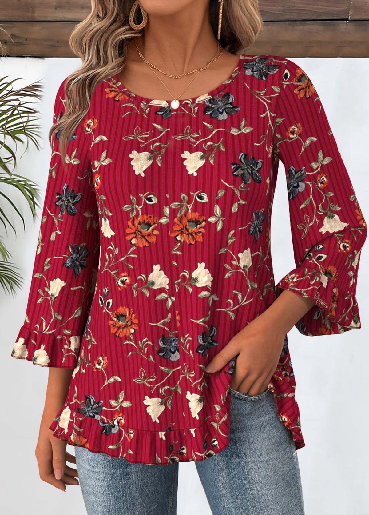 Floral Print Tummy Coverage Wine Red T Shirt