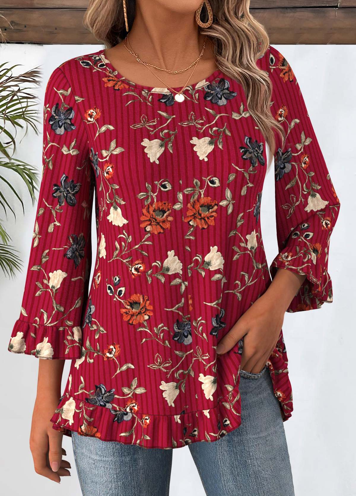 Floral Print Tummy Coverage Wine Red T Shirt