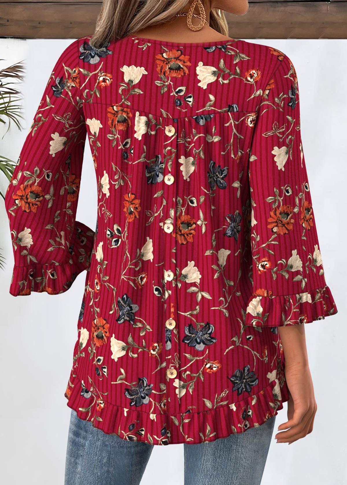 Floral Print Tummy Coverage Wine Red T Shirt