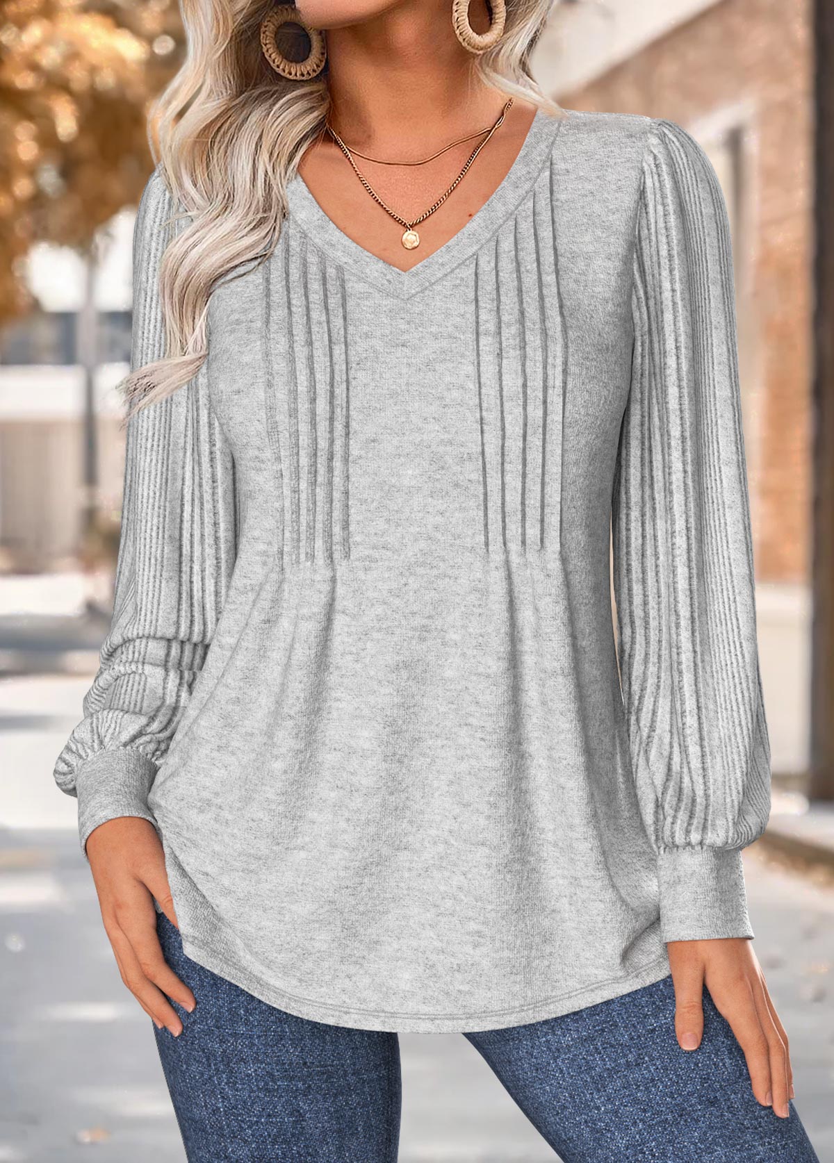 Tuck Stitch Light Grey Marl Long Sleeve T Shirt