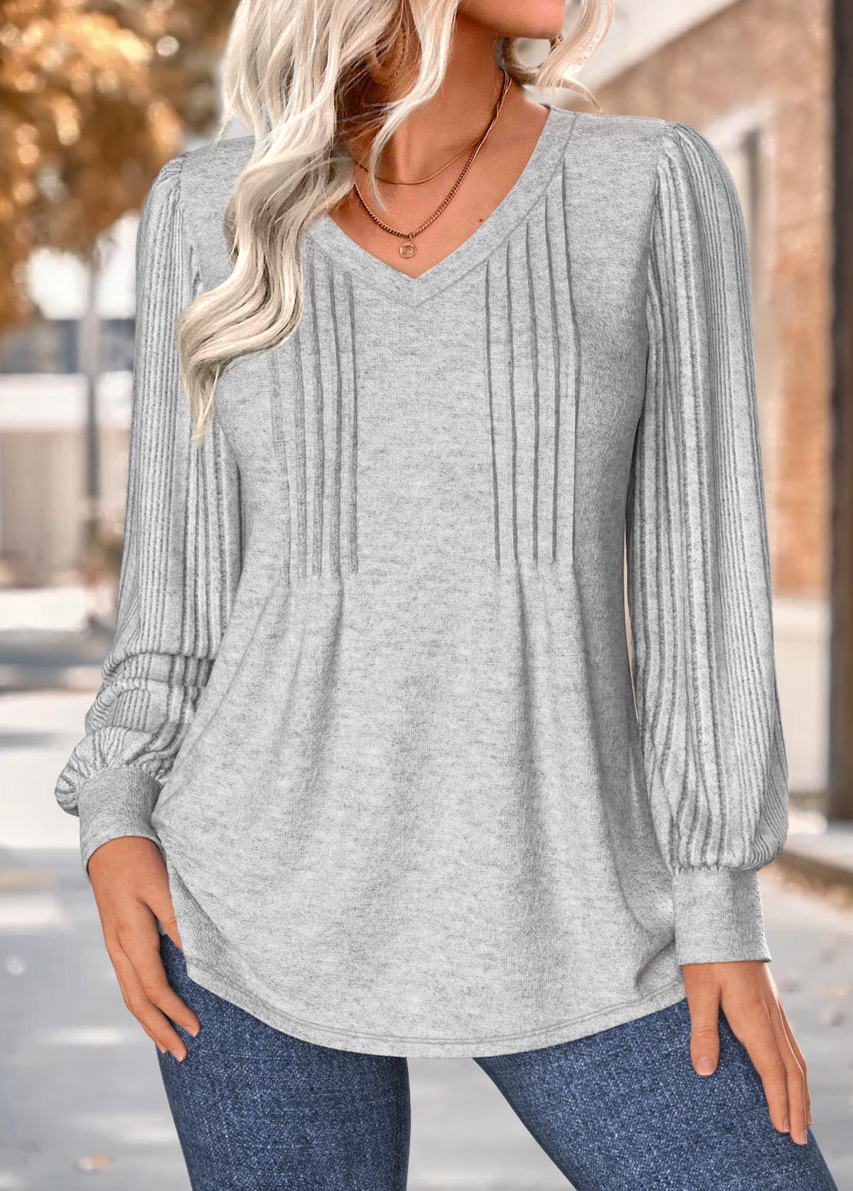 Tuck Stitch Light Grey Marl Long Sleeve T Shirt