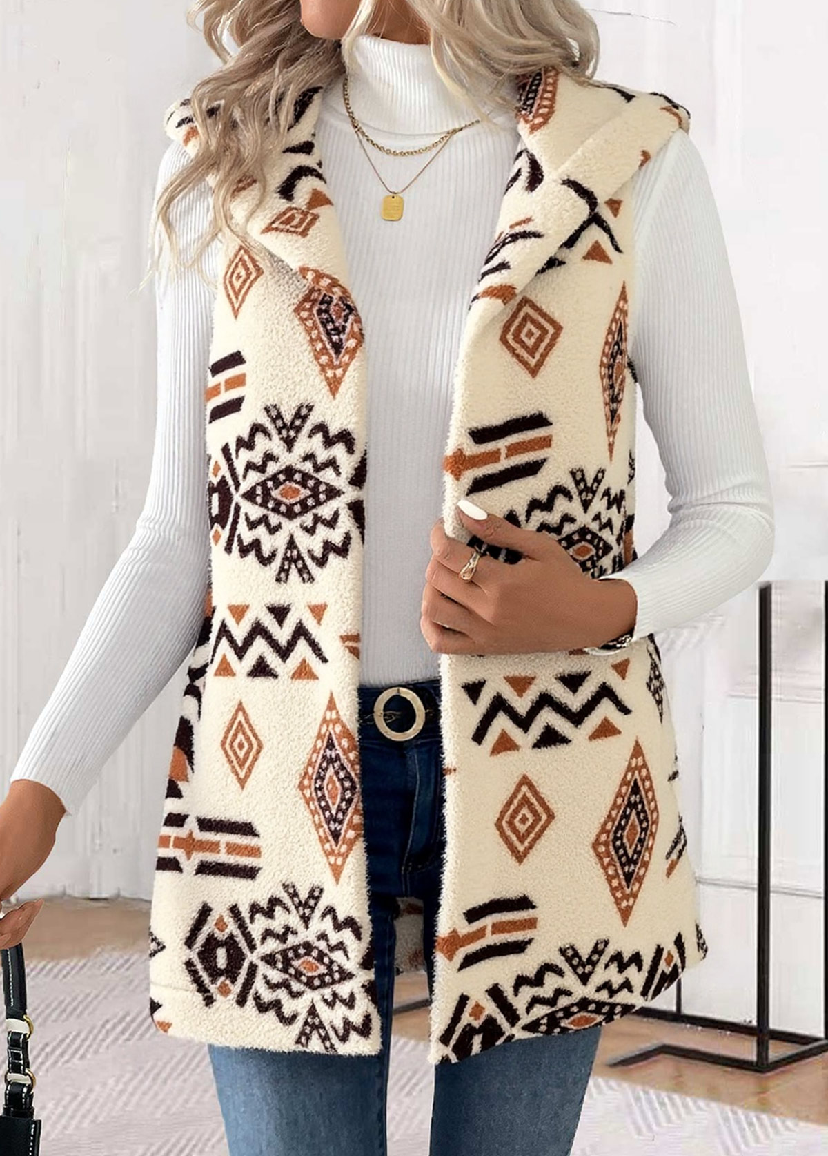 Tribal Print Patchwork Beige Sleeveless Waistcoat