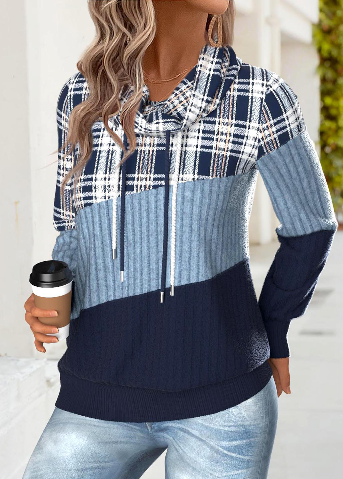 Plaid Tummy Coverage Blue Long Sleeve Cowl Neck Sweatshirt